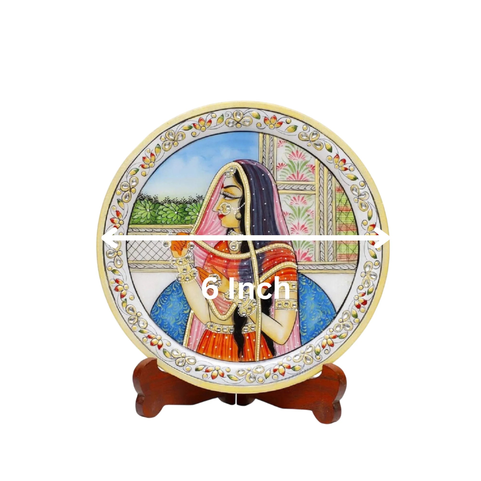 Marble Round Mugal Lady Plate With Wood Stand Secondary image