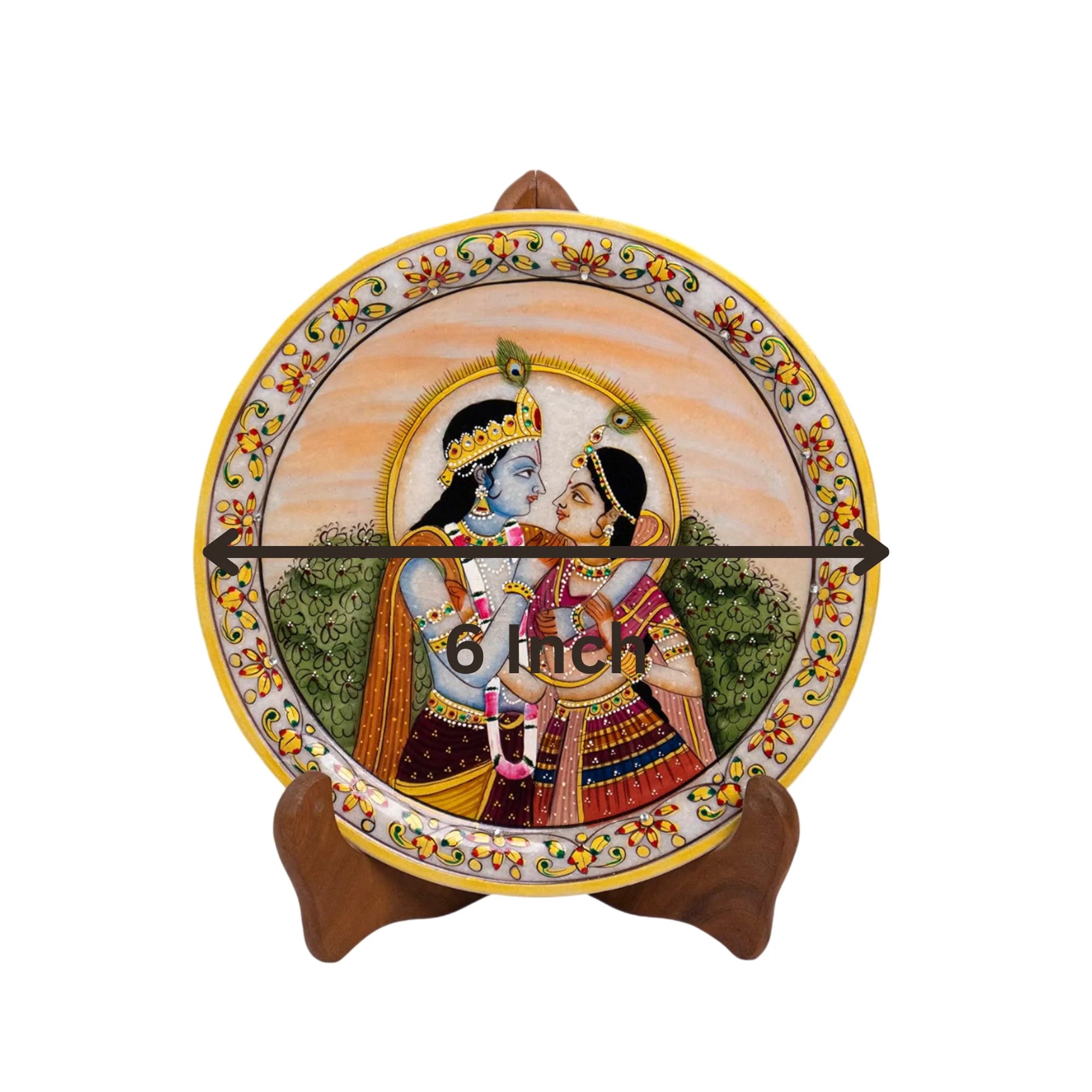 Marble Round Radha Krishan Plate With Wood Stand
