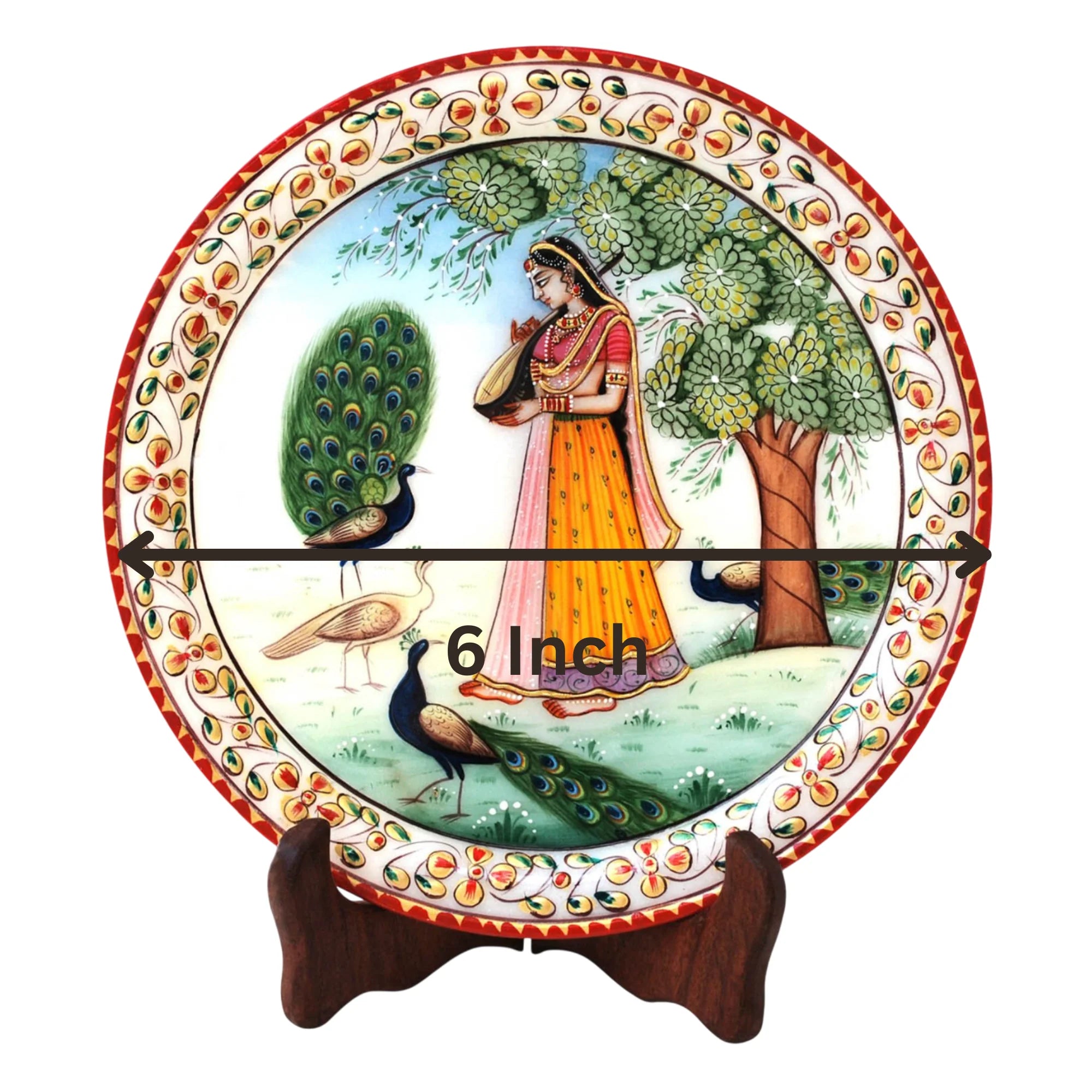 Marble Round Ragini With Peocock Plate With Wood Stand Secondary image