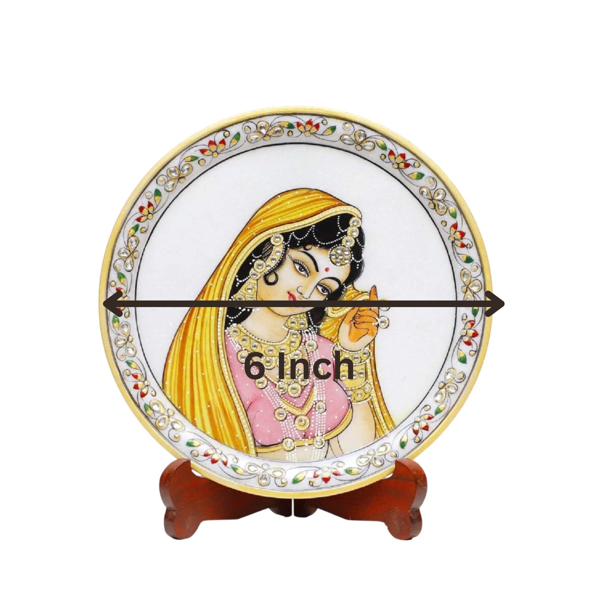 Marble Round Ragini With pallu Plate With Wood Stand