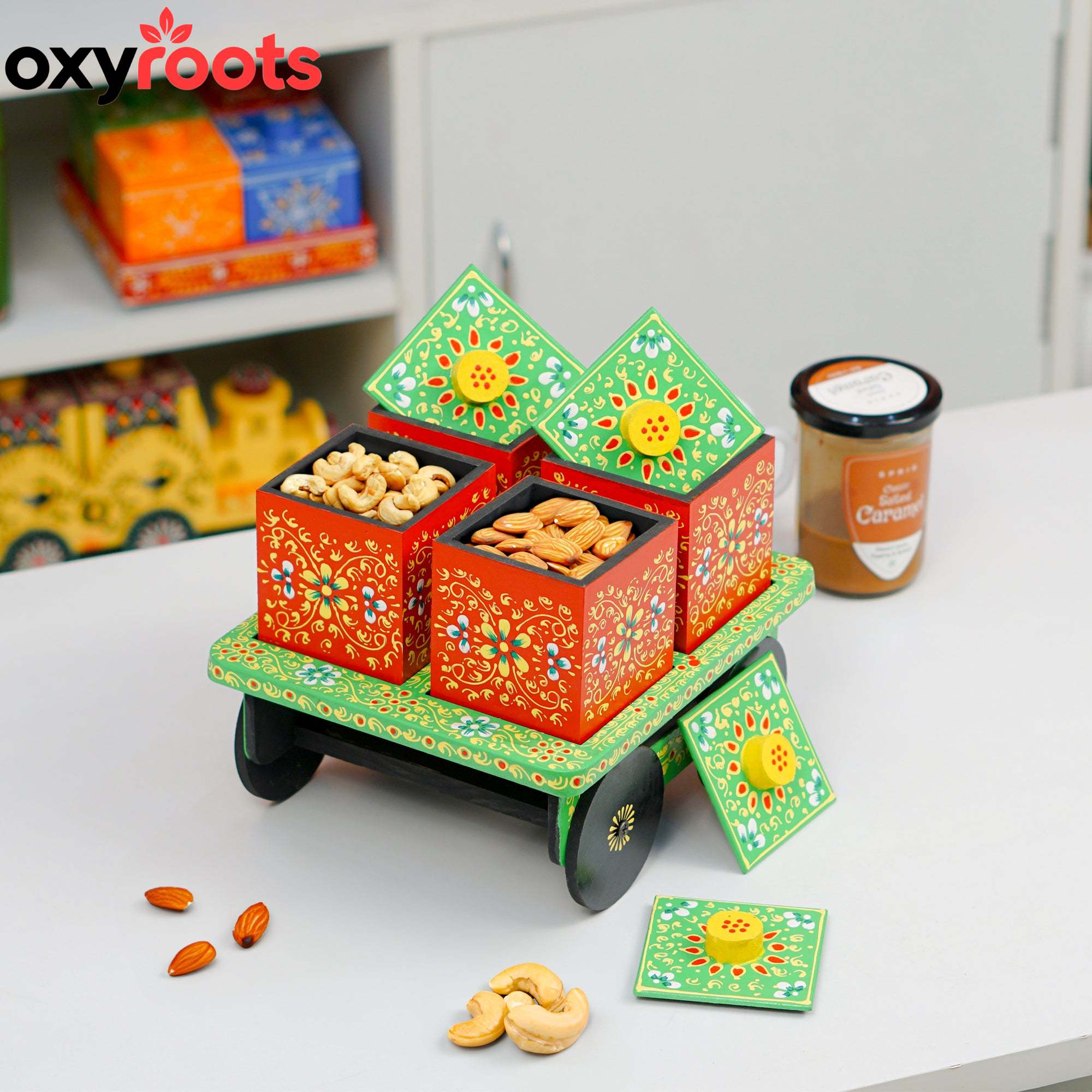 Dry Fruit Box Set of 4 With Trolley Cart - Green
