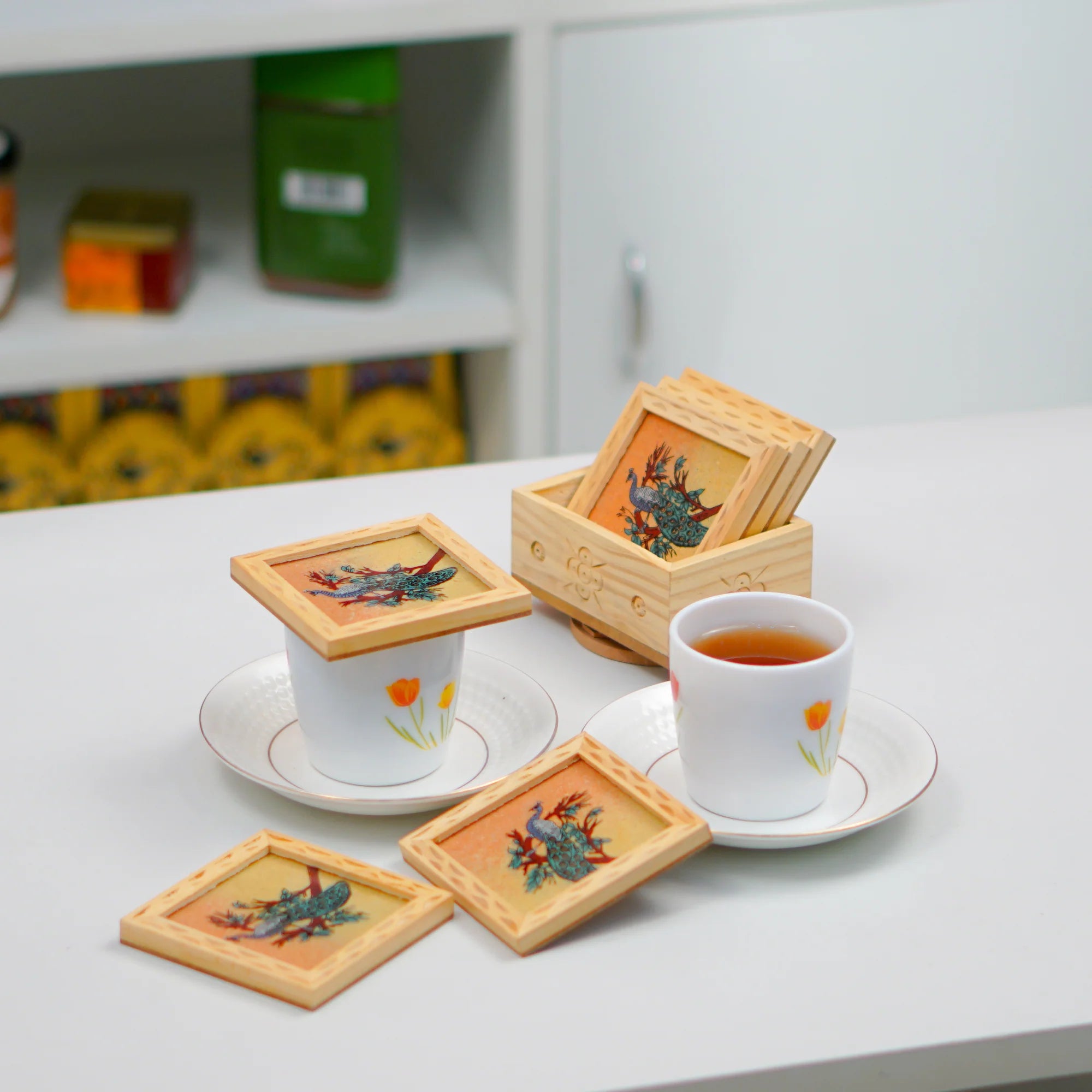 Peacock Gemstone Painted Tea Coasters 6 Pcs Set Secondary image