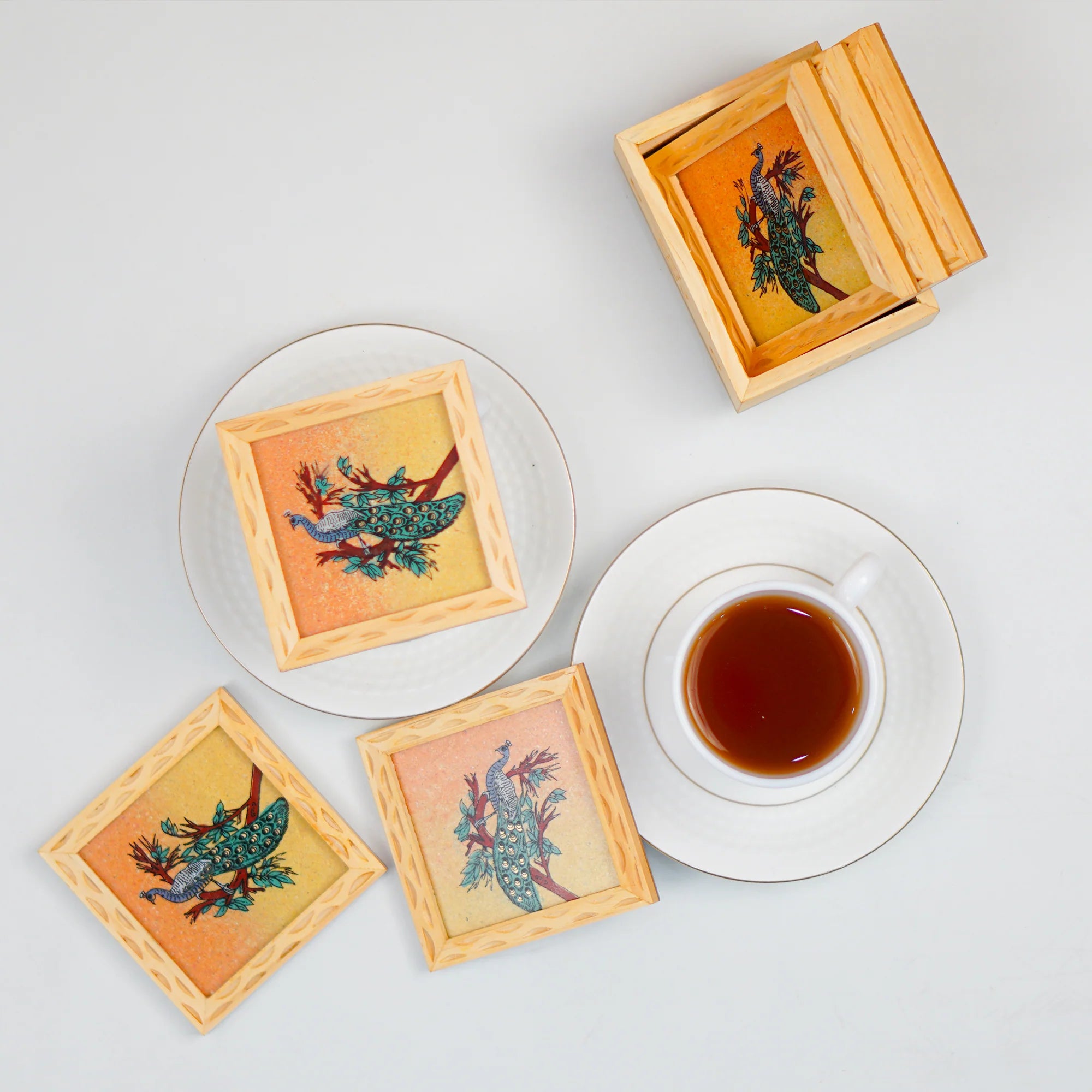 Peacock Gemstone Painted Tea Coasters 6 Pcs Set Main image