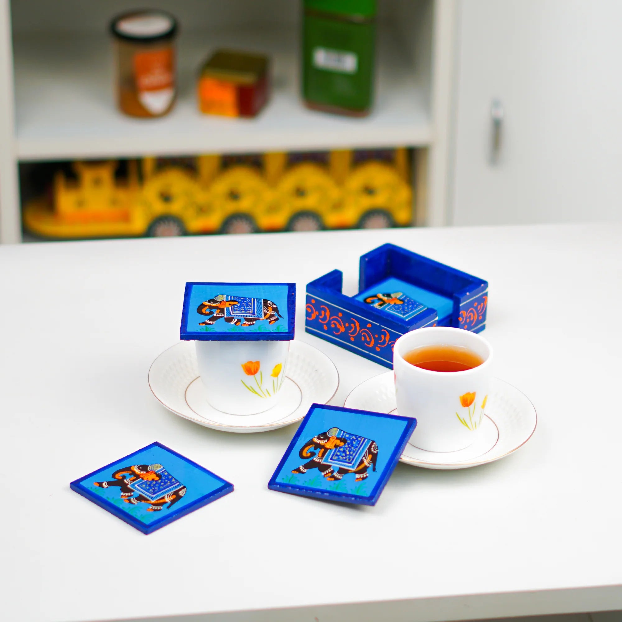 Elephant Hand Painted Tea Coasters 4 Pcs Set - Blue Main image