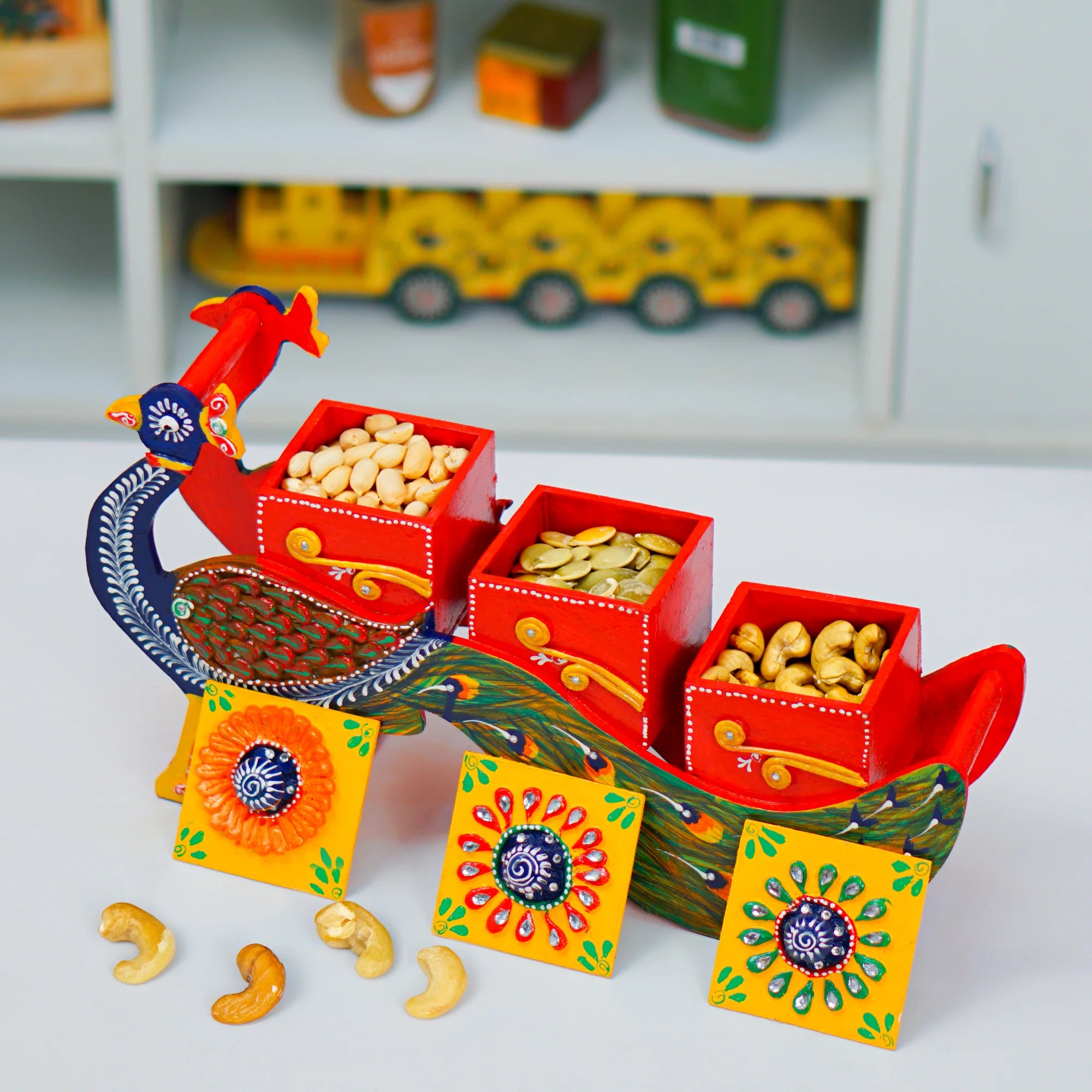 Hand Painted Peocock Design Dry Fruit Box - Multicolour