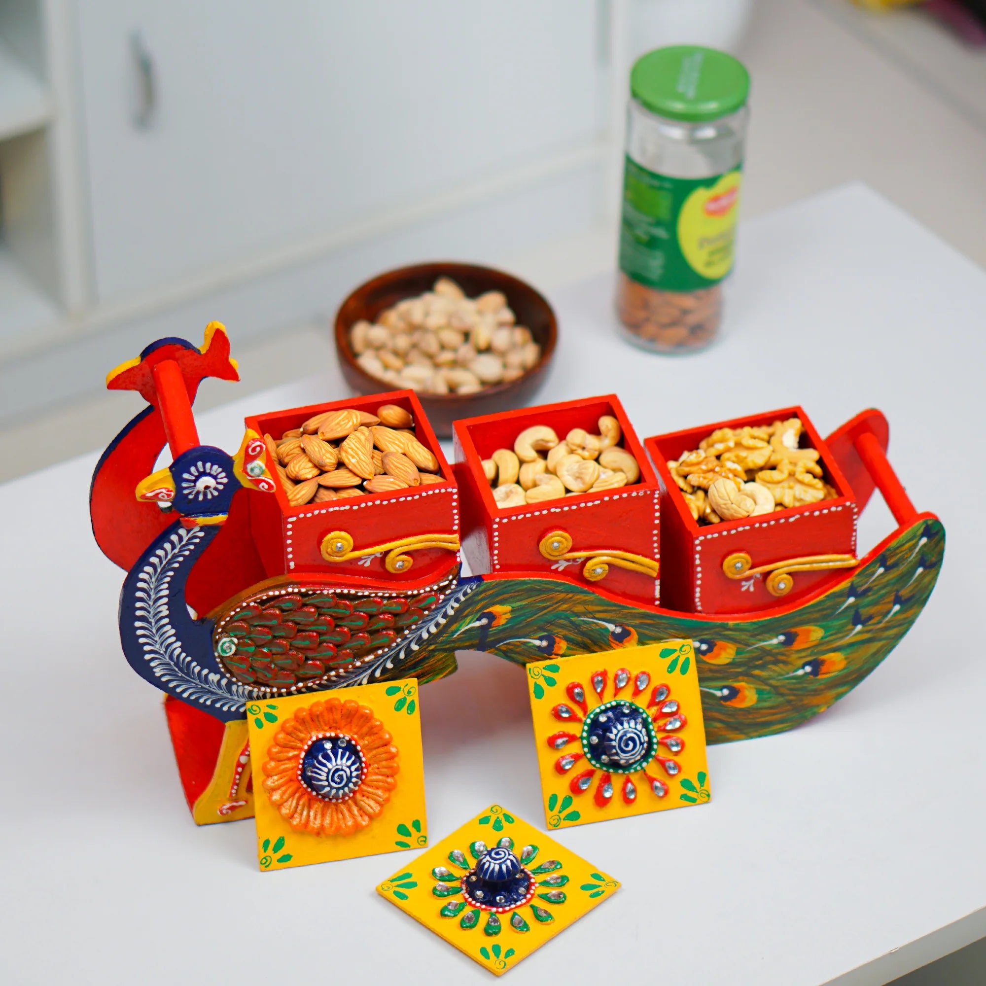 Hand Painted Peocock Design Dry Fruit Box - Multicolour Main image