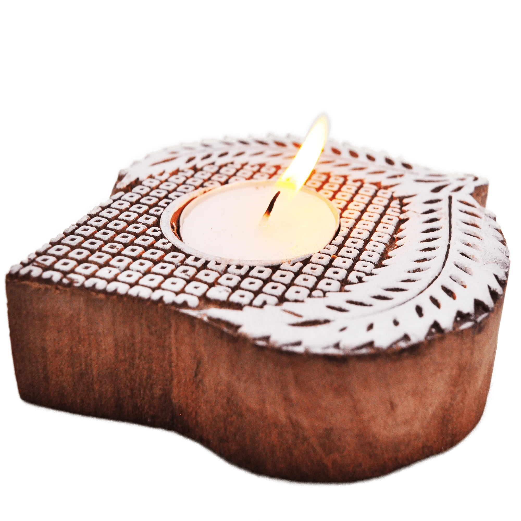 Wooden Hand block Leaf Shaped Diya pair