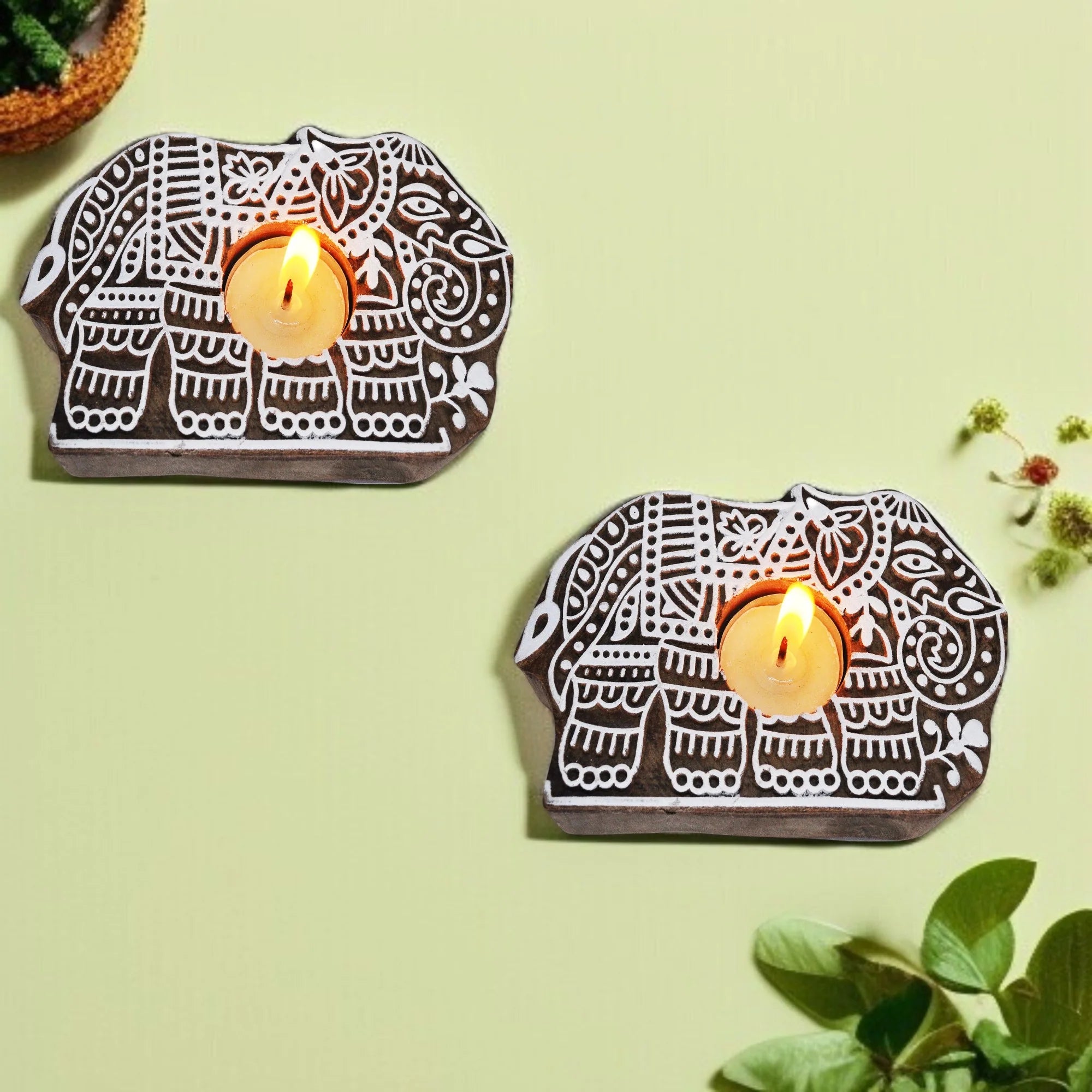 Wooden Hand block Elephant Shape Diya pair Main image
