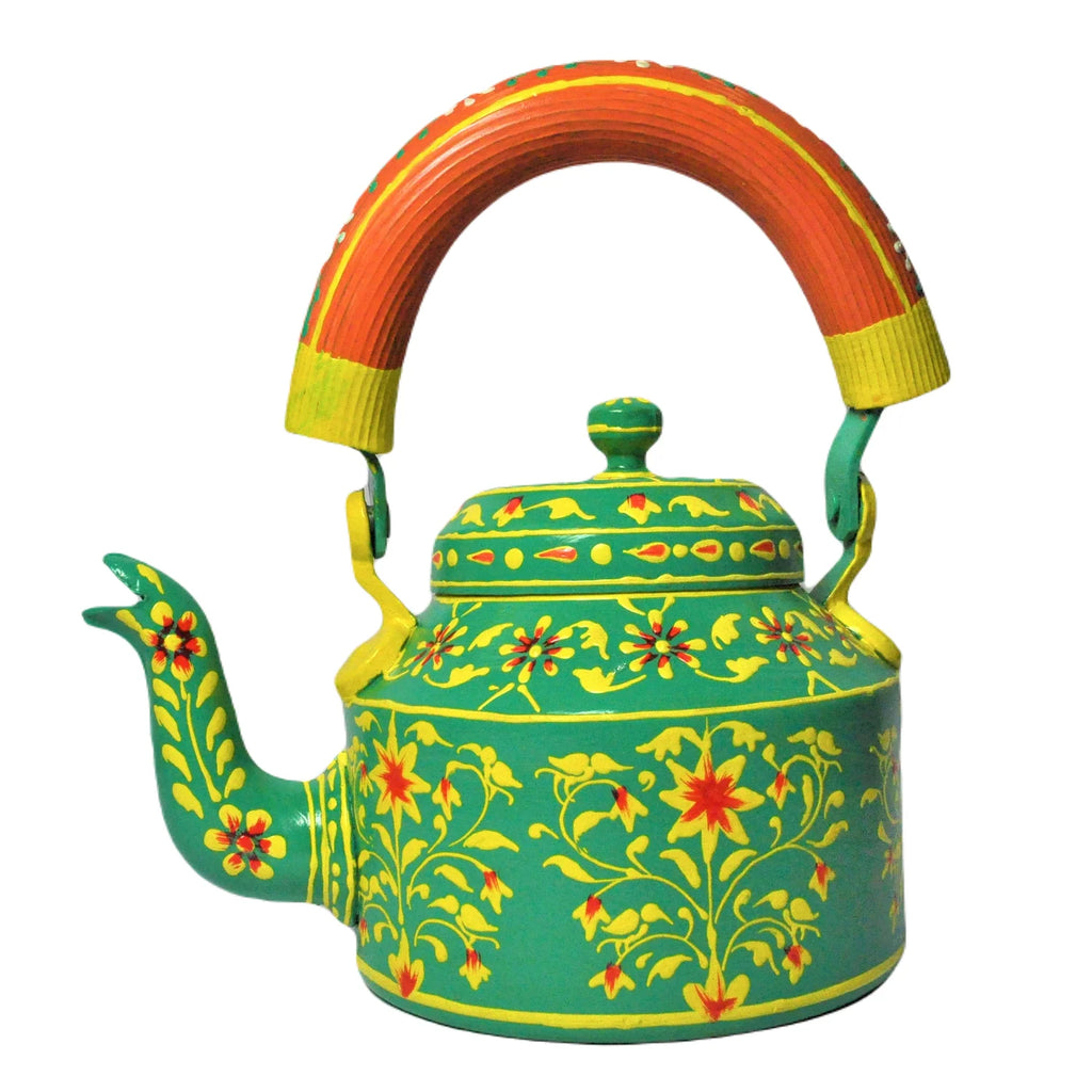 Hand Painted Aluminum tea Kettle green with glass