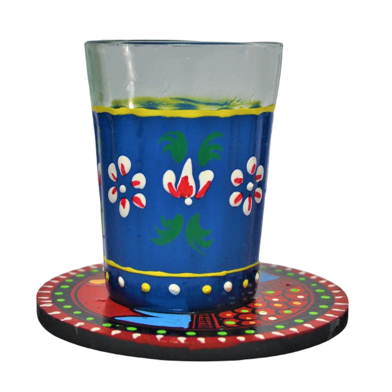 Hand Painted Aluminium Kettle Jute Stand 6 Glass Set Blue