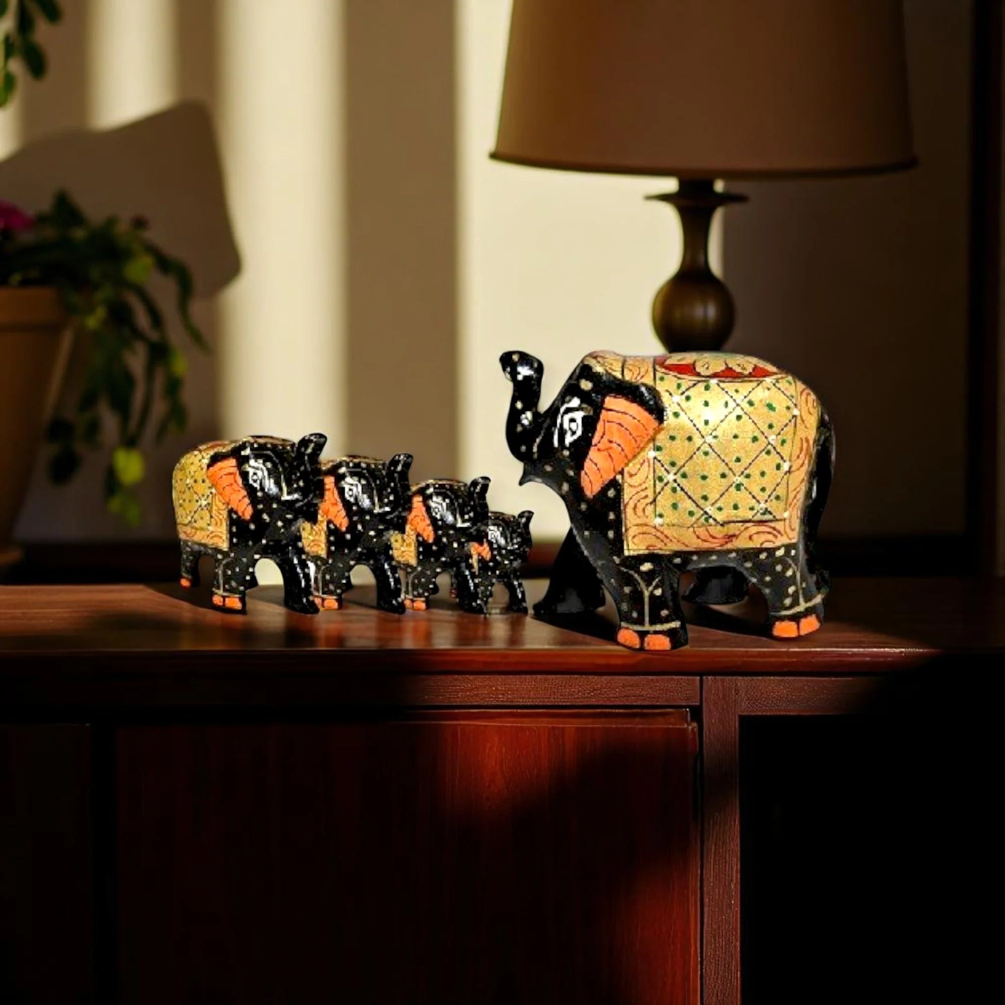 Wooden Elephant Antique Painting Showpiece Set Of 5 Main image