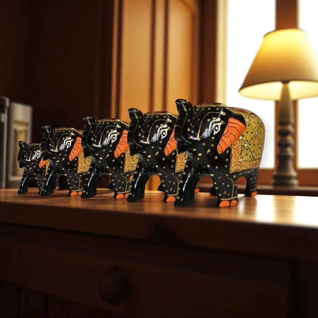 Wooden Elephant Antique Painting Showpiece Set Of 5