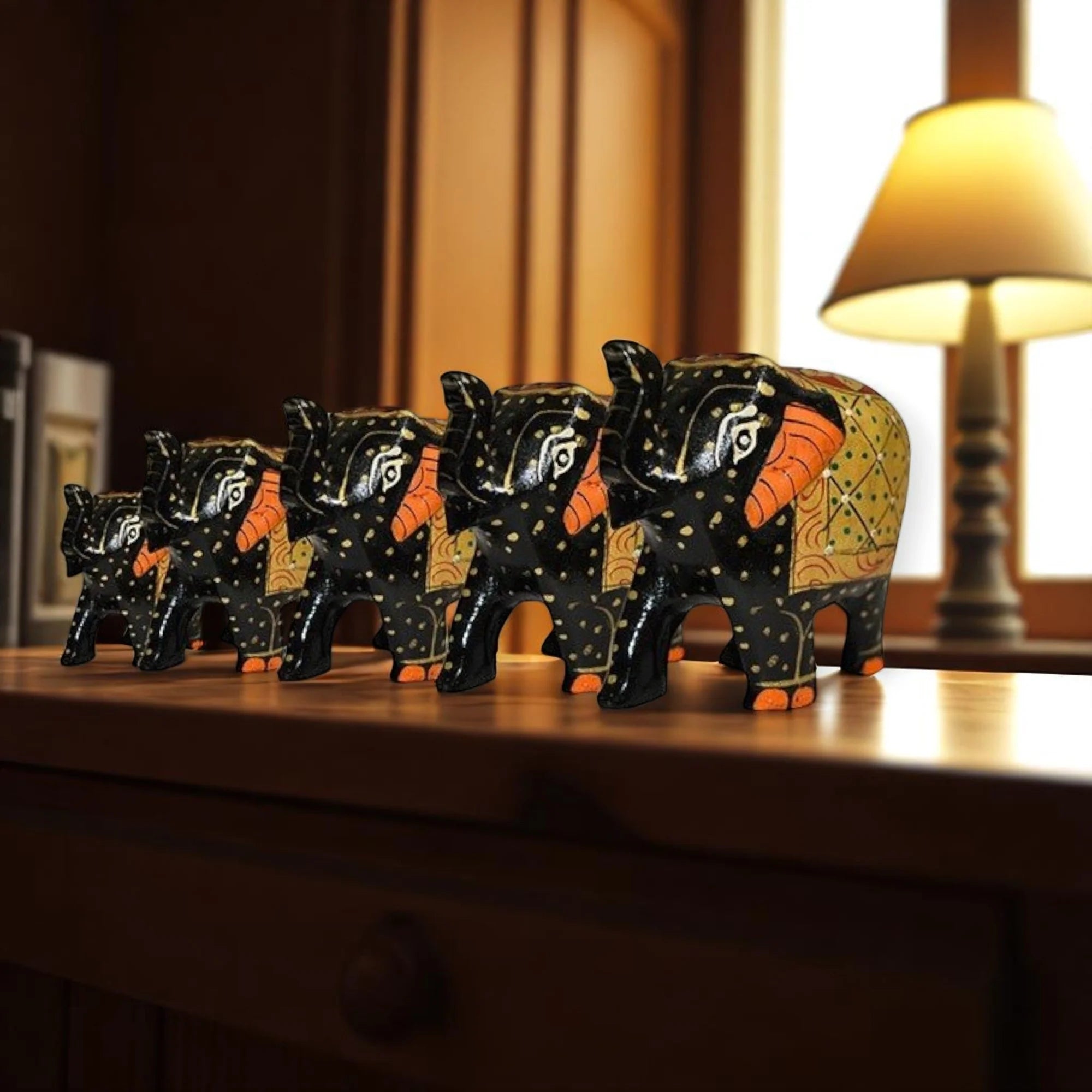 Wooden Elephant Antique Painting Showpiece Set Of 5