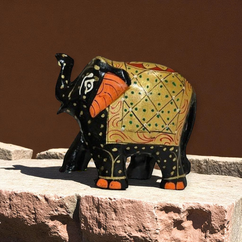 Wooden Elephant Antique Painting Showpiece Set Of 5