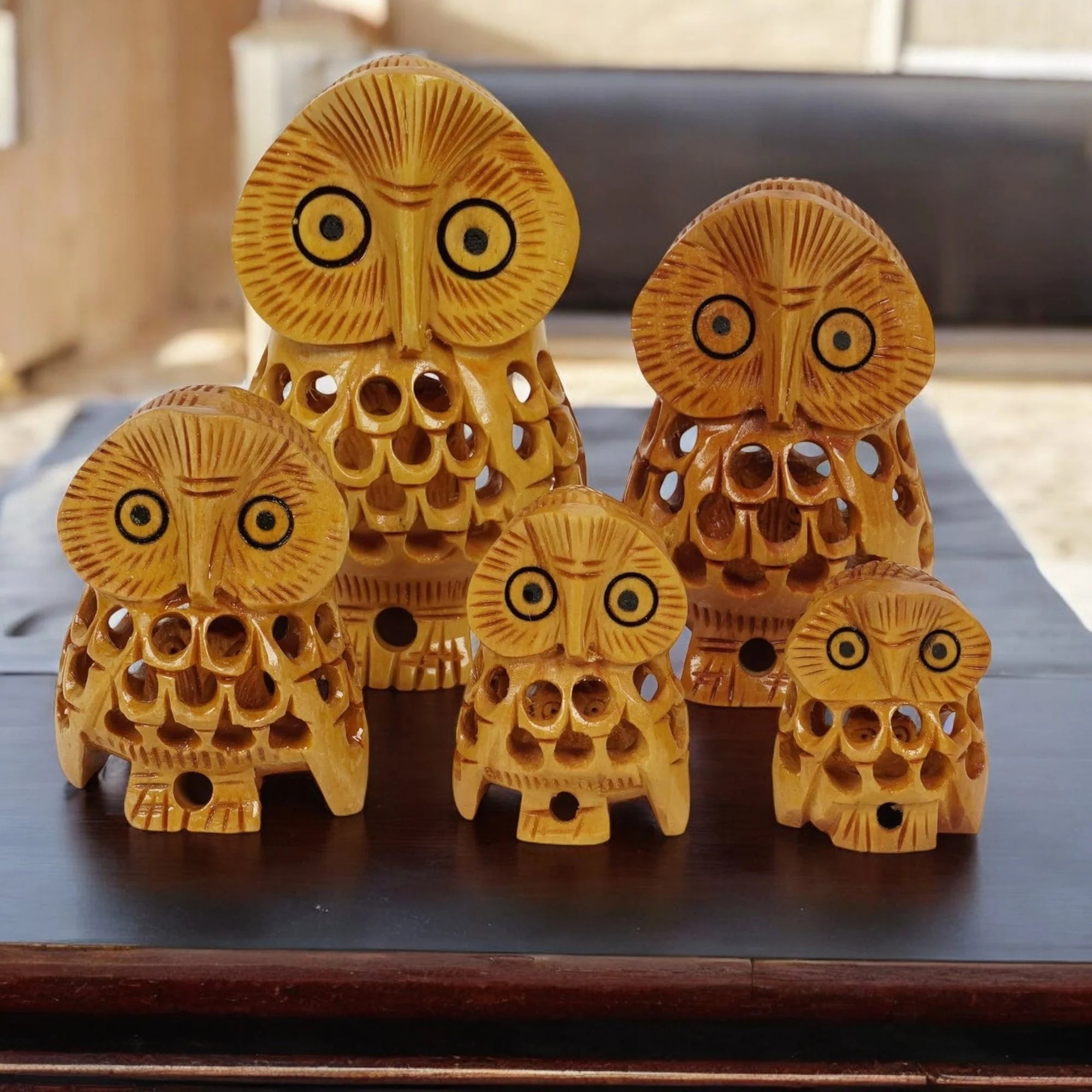 Wooden Owl Jali Antique Showpiece Set Of 5 Pcs Main image