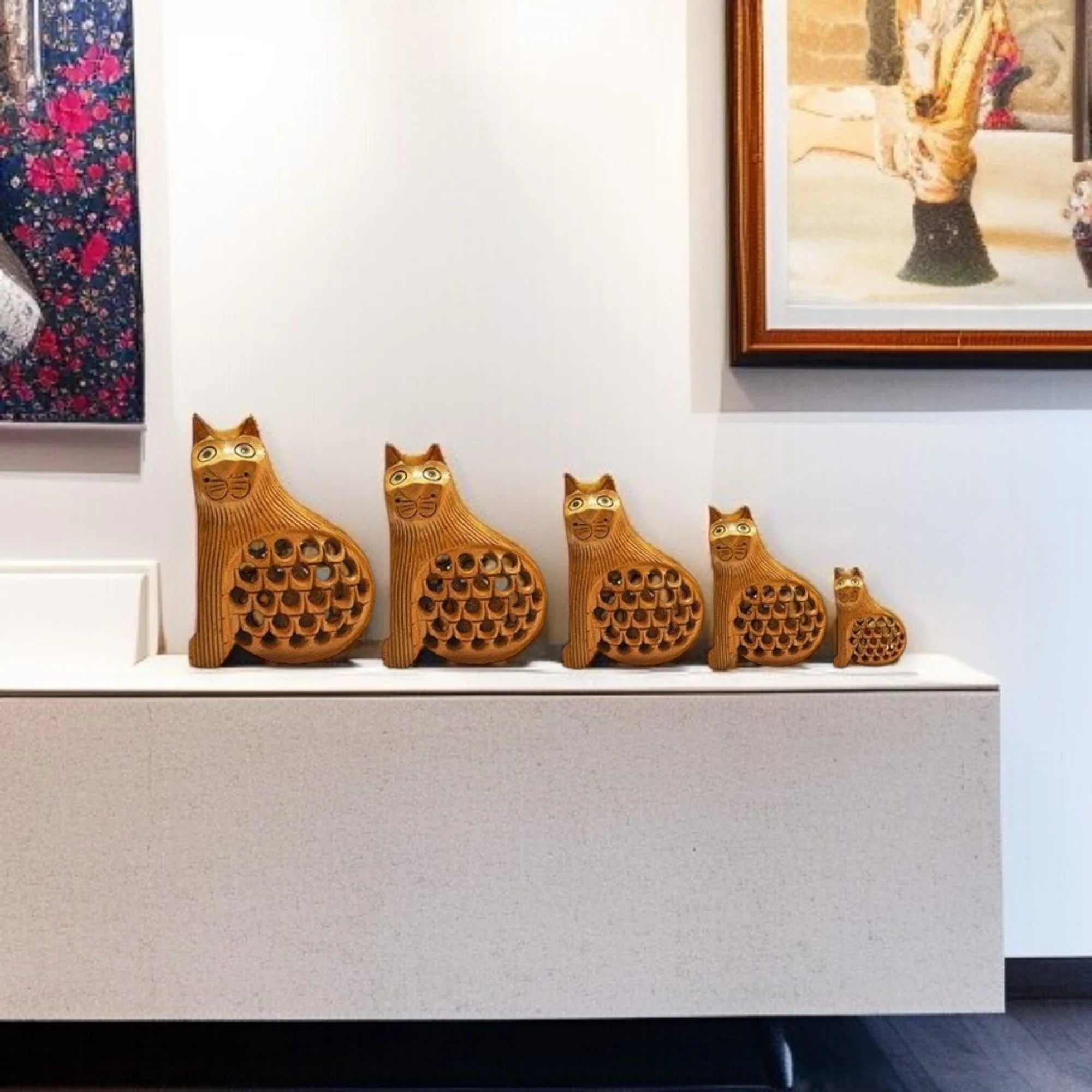 Wooden Cat Jali Antique Showpiece Set Of 5 Pcs Main image