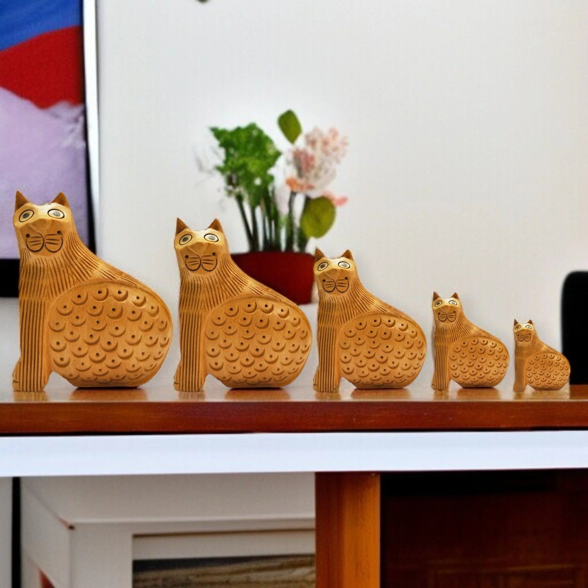 Wooden Cat Set Carving Antique Showpiece Set Of 5 Pcs