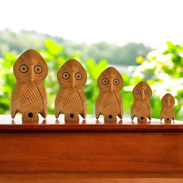 Wooden Owl Set Carving Antique Showpiece Set Of 5 Pcs Main image