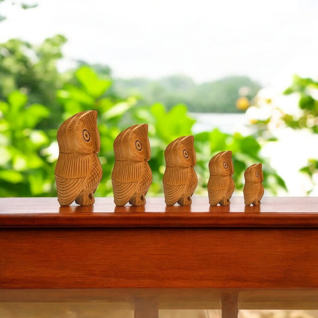 Wooden Owl Set Carving Antique Showpiece Set Of 5 Pcs