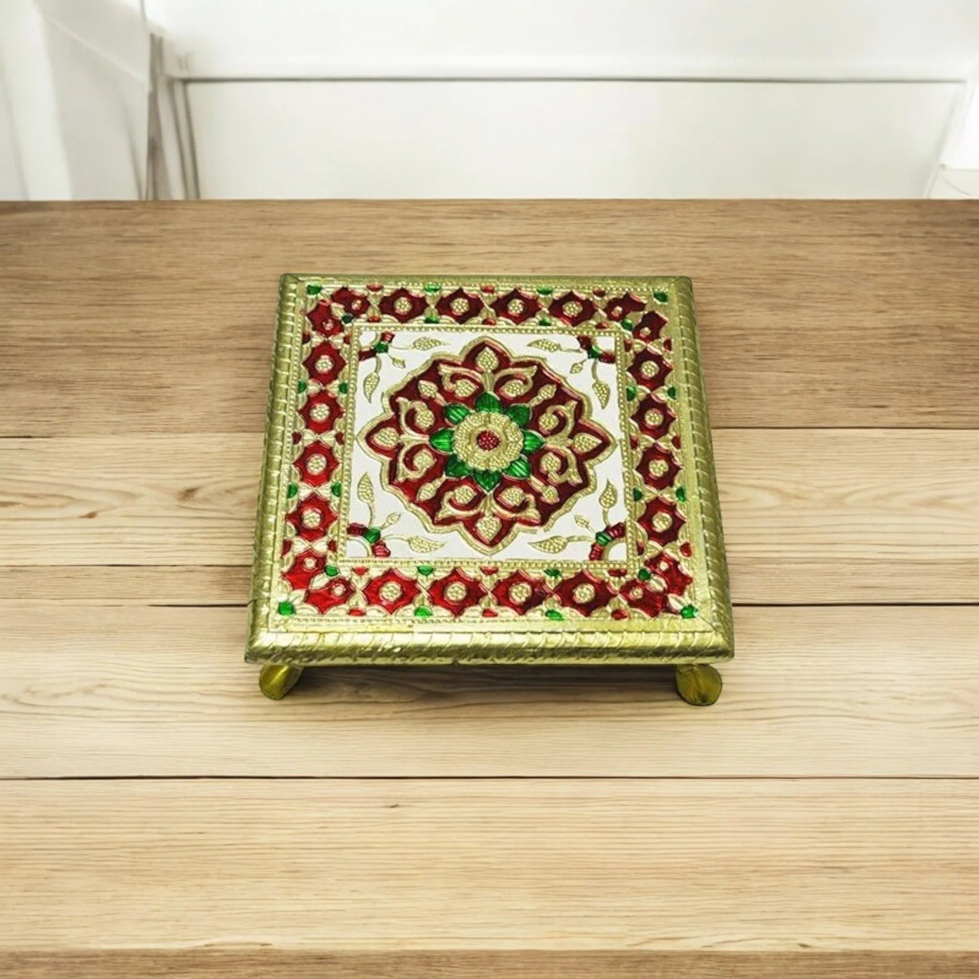 Meenkari Aluminium Metal Leg Chowki - 12X12 Inch Multicolour