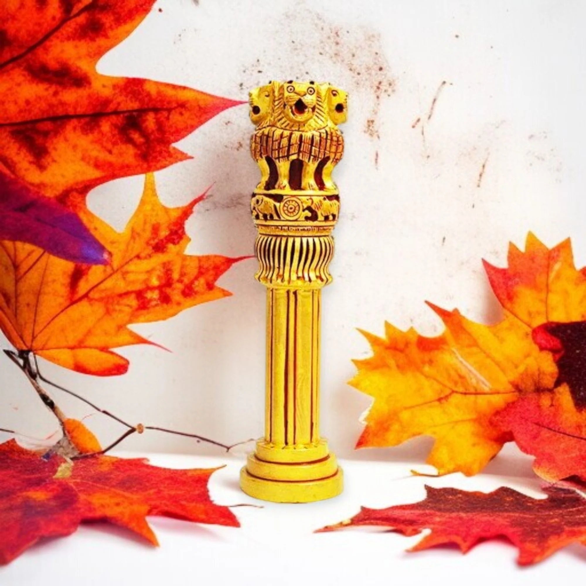 Wooden Antique Ashoka Stambh Pillar Showpiece In Red & Golden