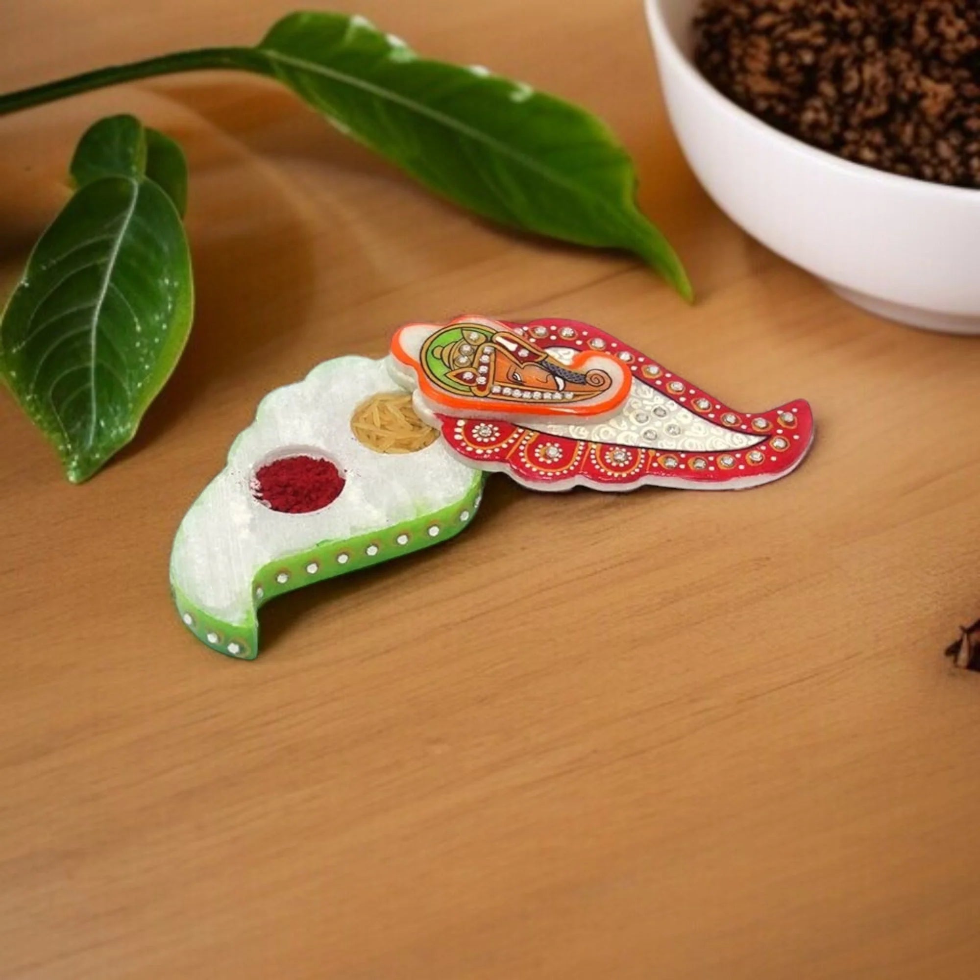 Handmade Marble Kundan Work Ganesha With Leaf Roli Sindoor Chopra Vase - pair Secondary image