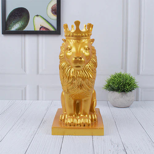 Polyresin Lion King Statue With Crown - Golden
