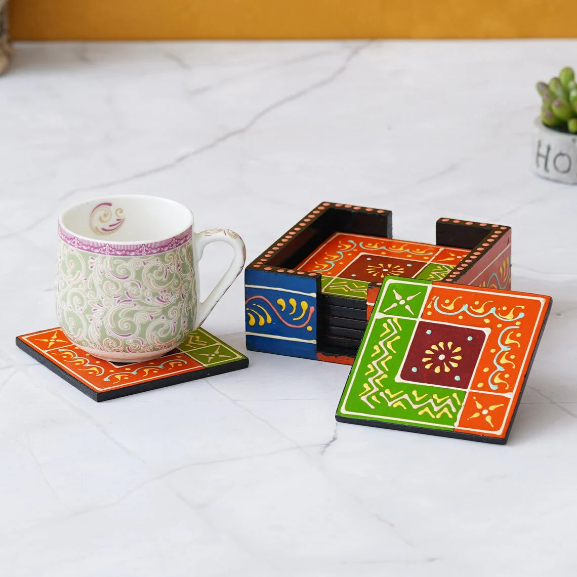Wooden Painted Tea Coaster Set Of 6 Main image