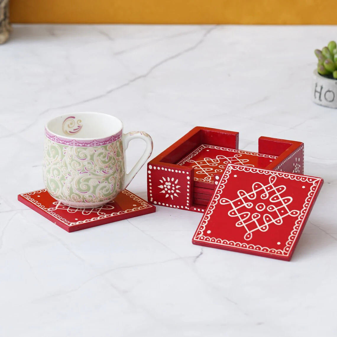 Wooden Red Tea Coaster Set Of 6 Main image