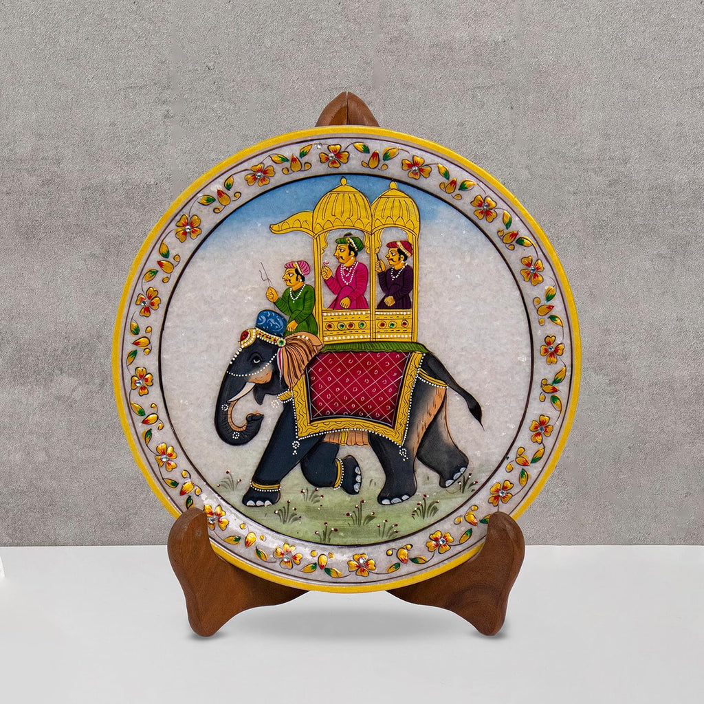 Marble Round Elephant Plate With Wood Stand