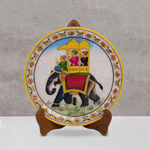 Marble Round Elephant Plate With Wood Stand