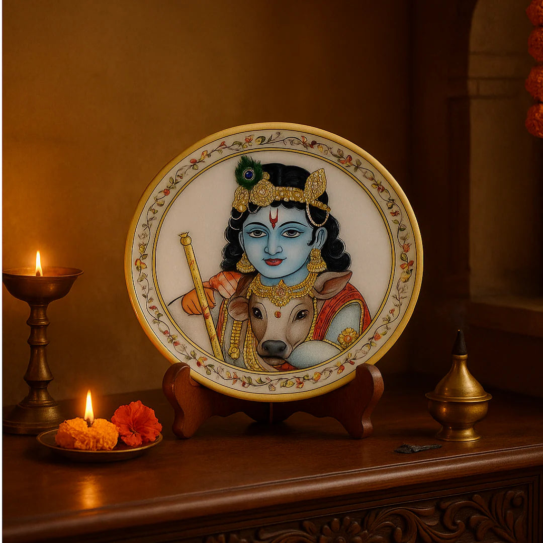 Marble Round Krishan Plate With Wood Stand Main image