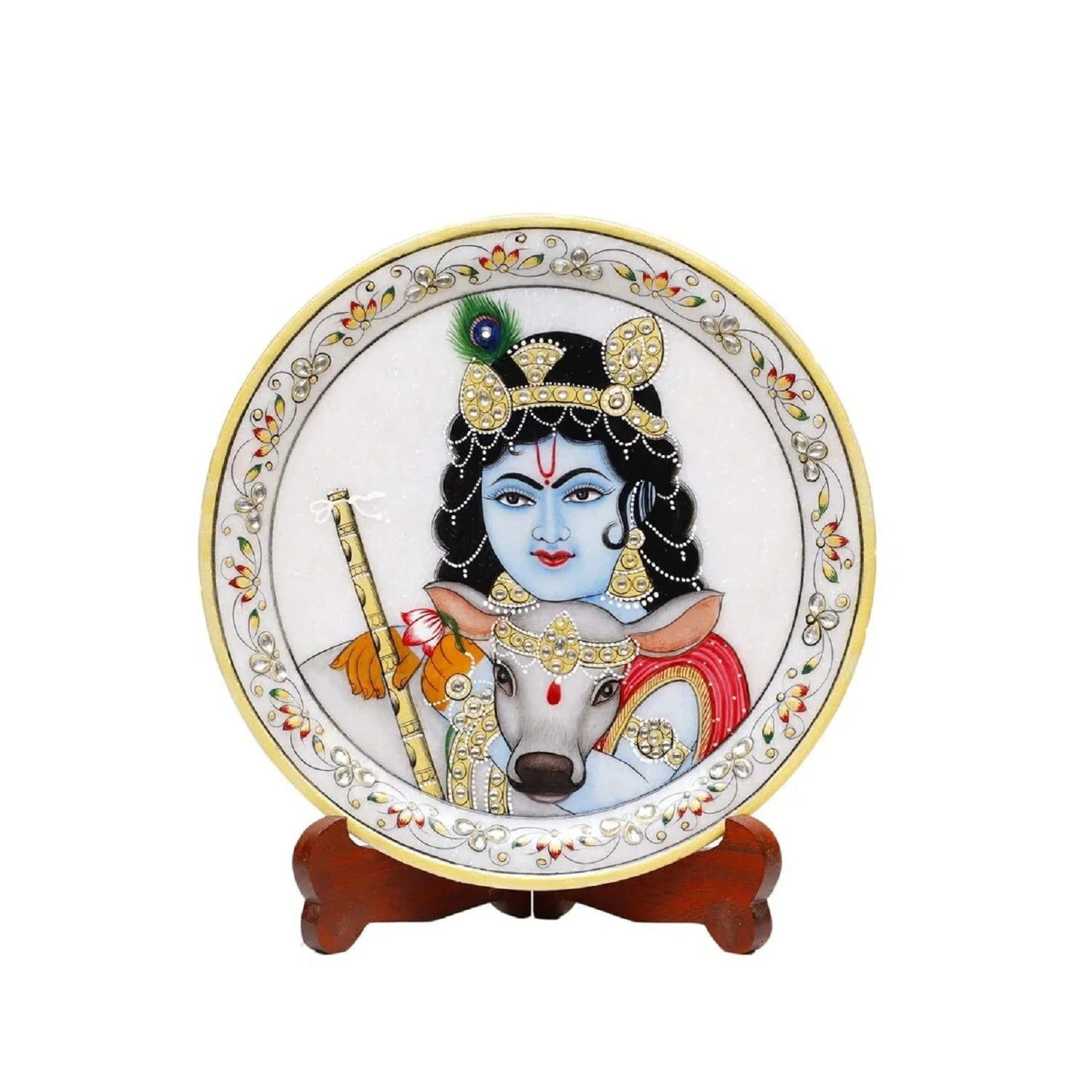 Marble Round Krishan Plate With Wood Stand
