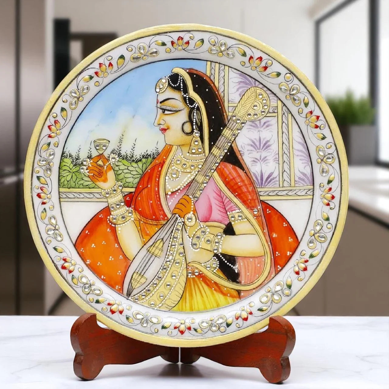 Marble Round Meera Plate With Wood Stand
