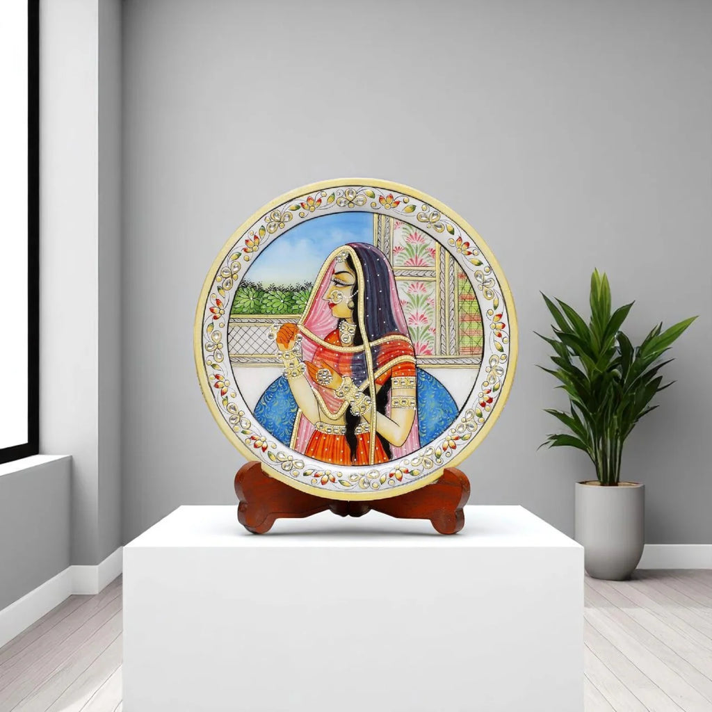 Marble Round Mugal Lady Plate With Wood Stand