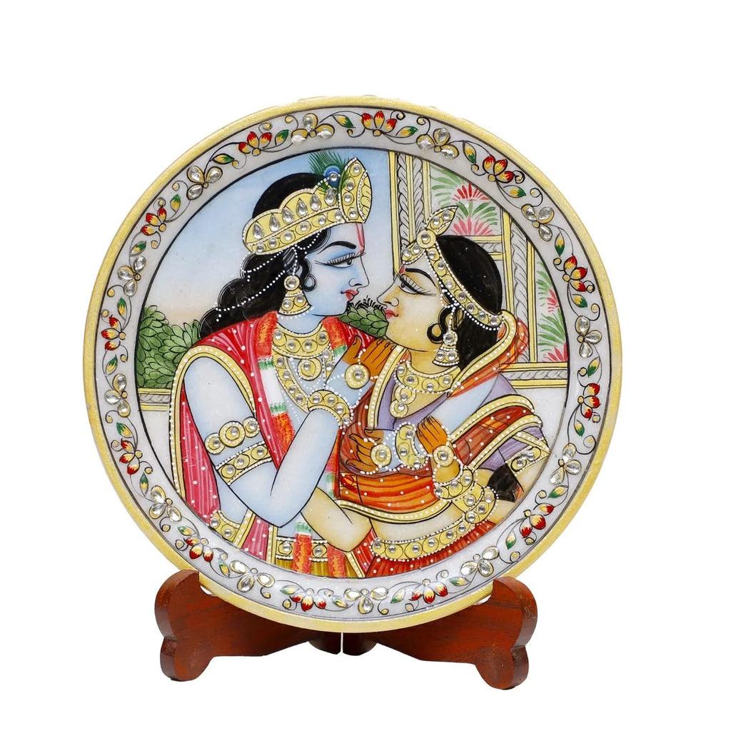 Marble Round Radha Krishan Plate With Wood Stand