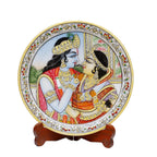 Marble Round Radha Krishan Plate With Wood Stand
