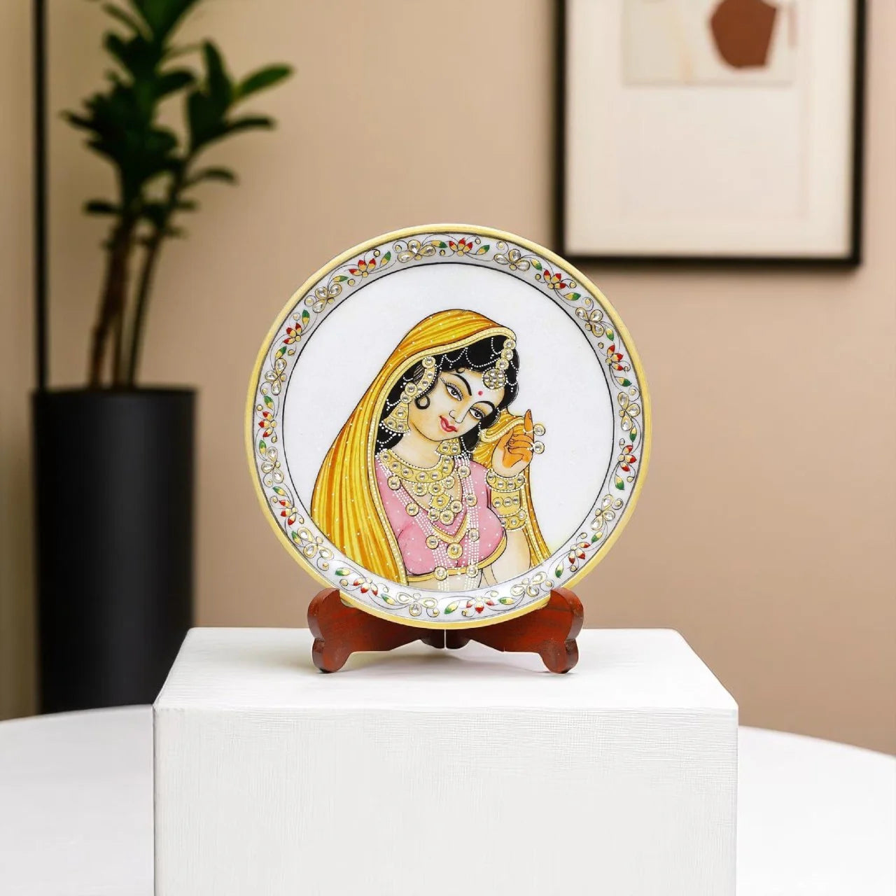 Marble Round Ragini With pallu Plate With Wood Stand Main image