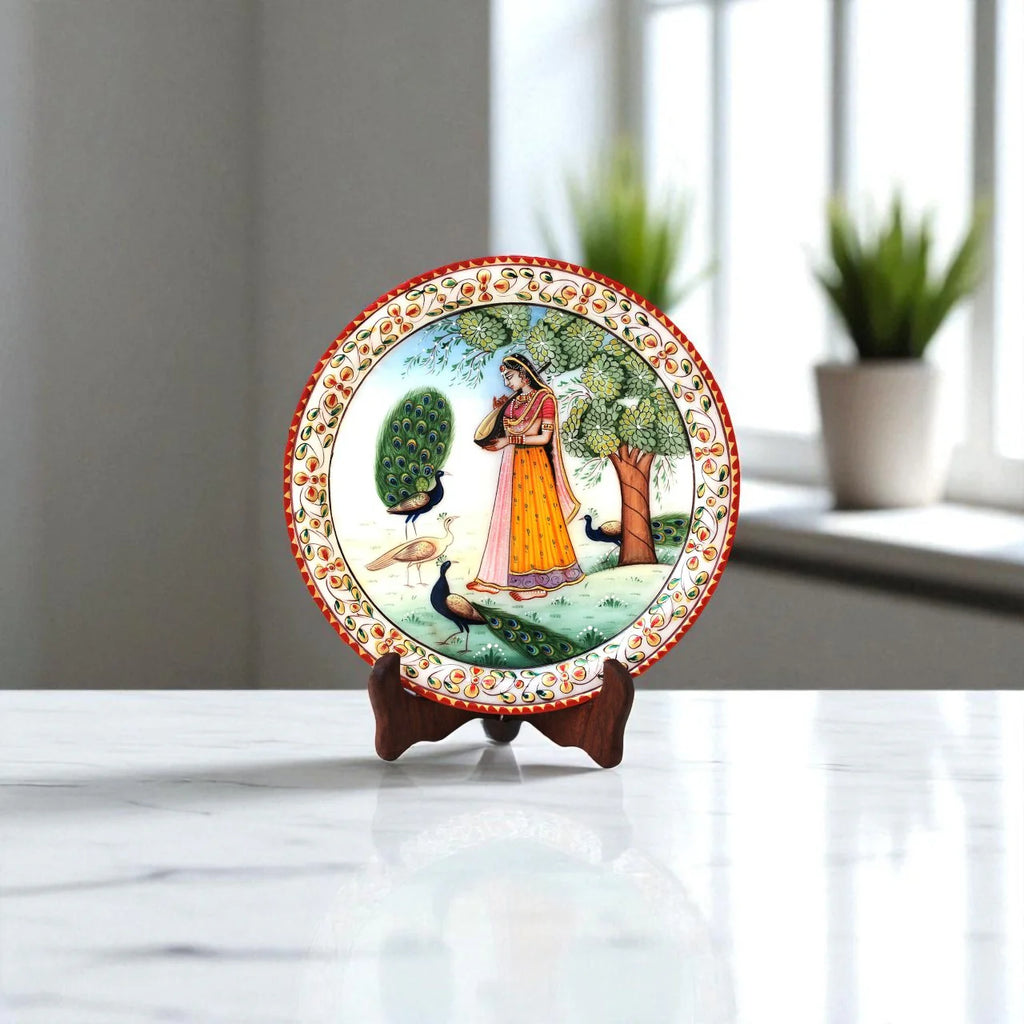 Marble Round Ragini With Peocock Plate With Wood Stand