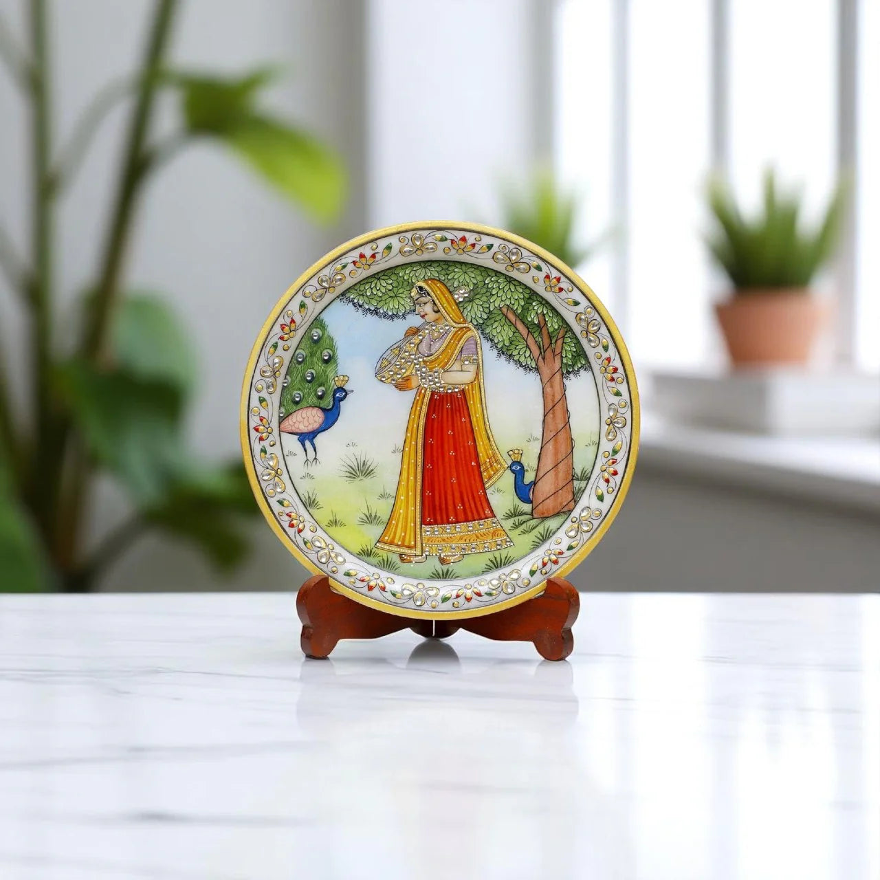 Marble Round Ragini Plate With Wood Stand Main image