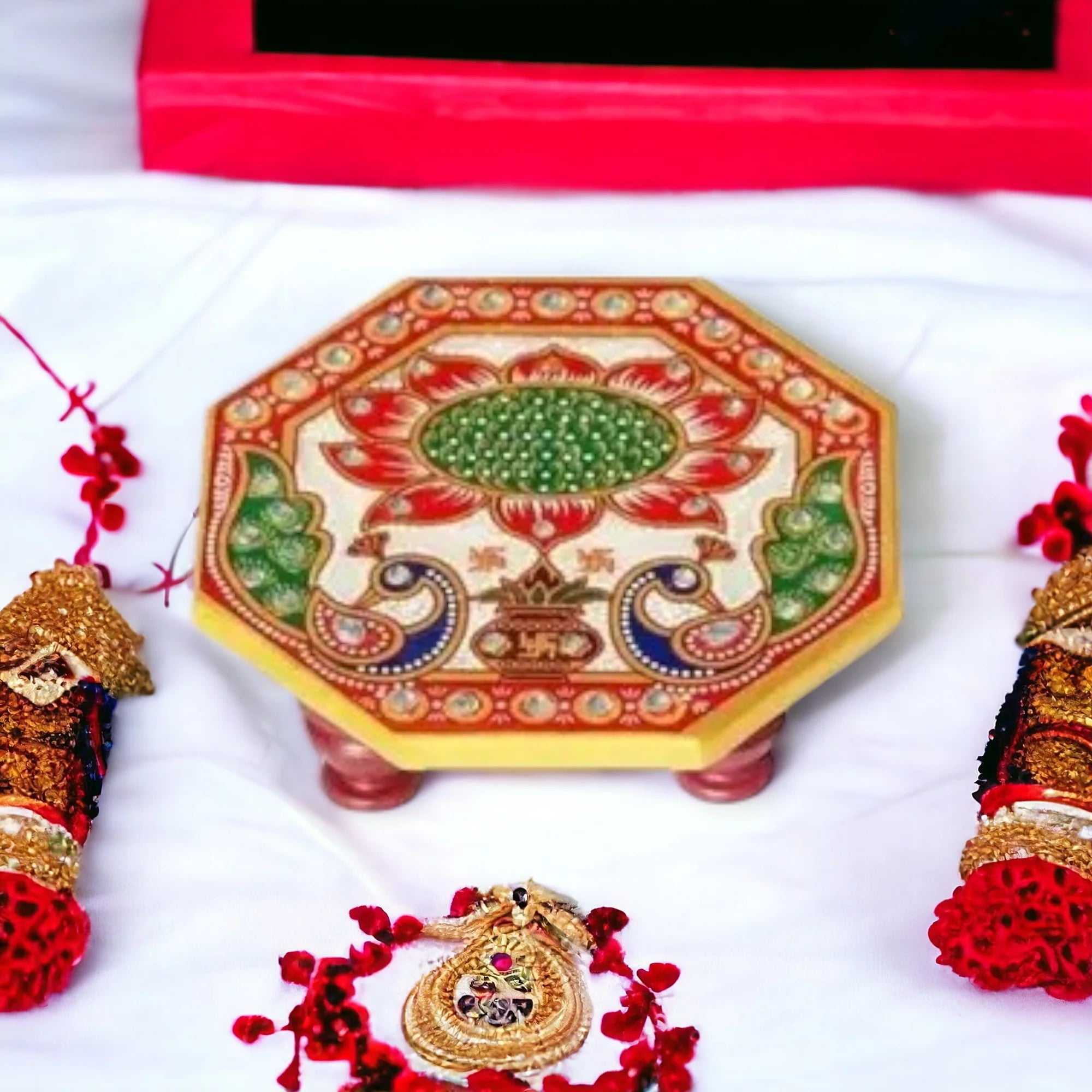 Marble Octagonal Chowki With Peacock Design set of two pc Main image