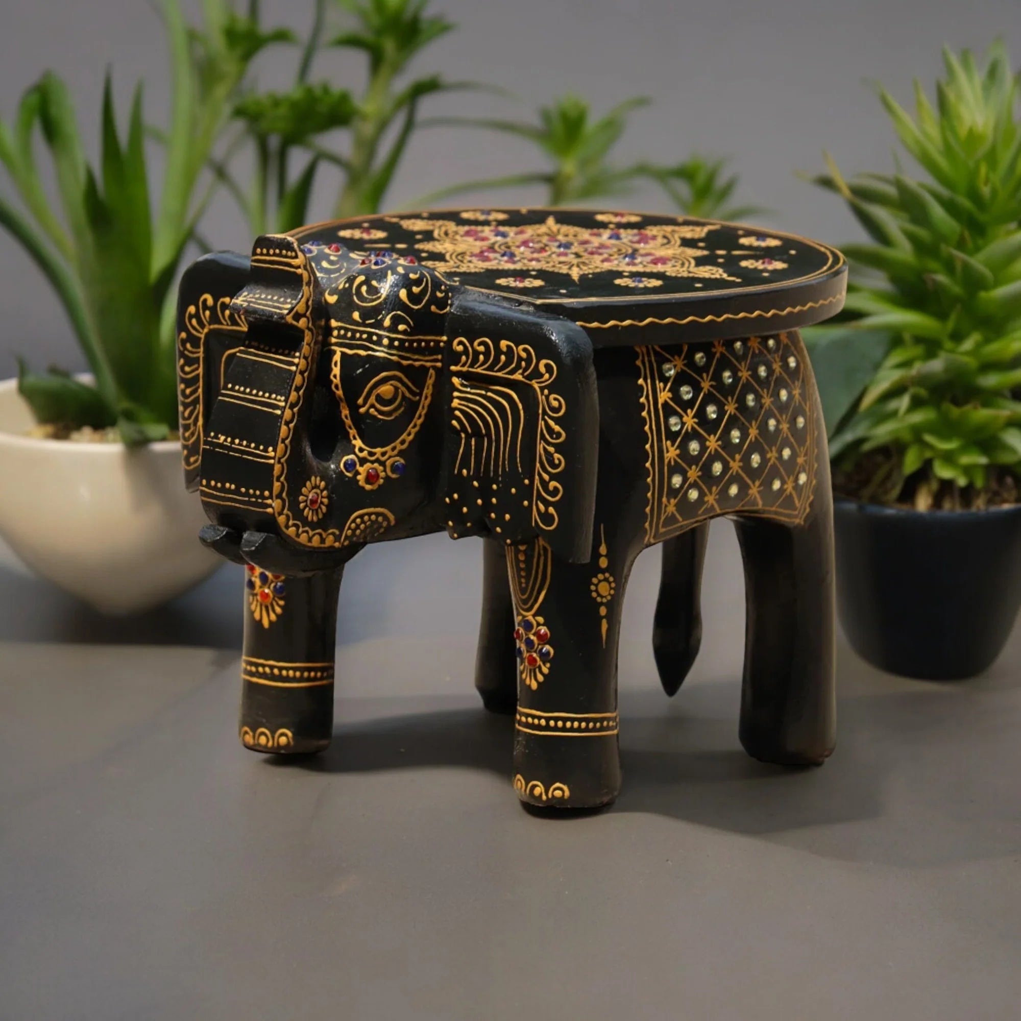 Wooden Hand Painted Elephant Stool with stone Secondary image