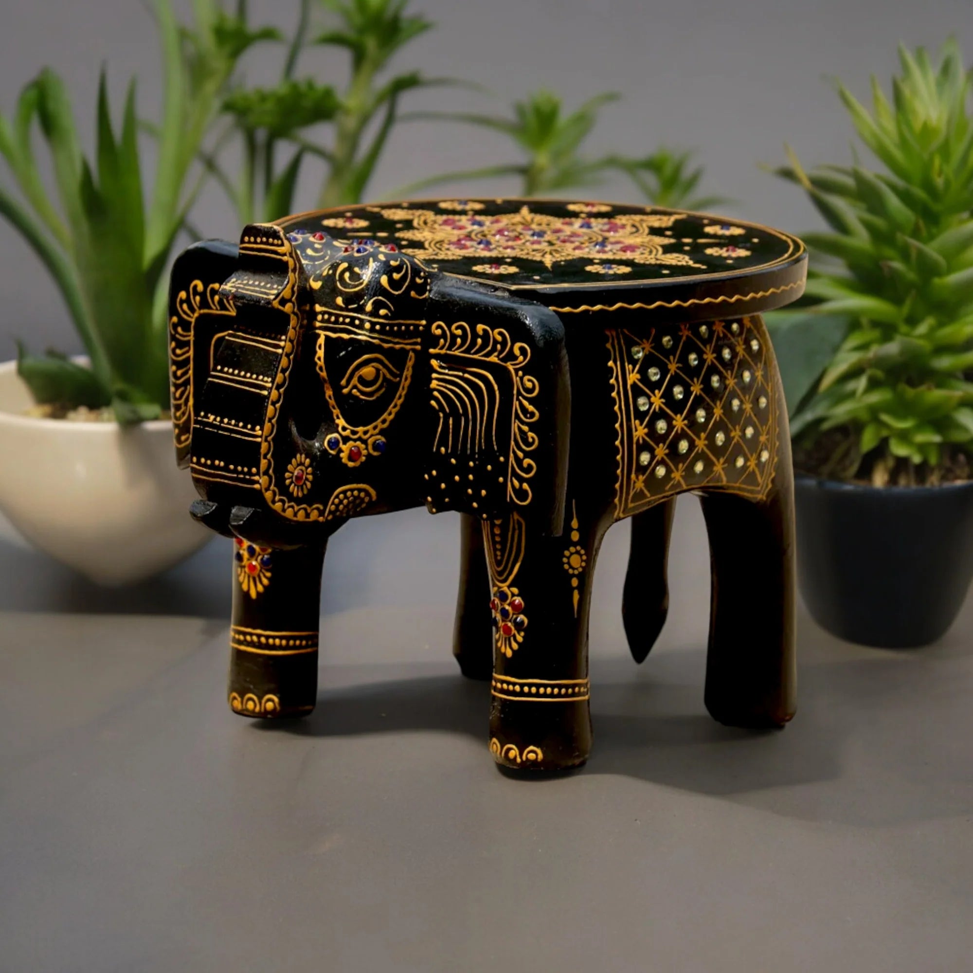 Wooden Hand Painted Elephant Stool with stone