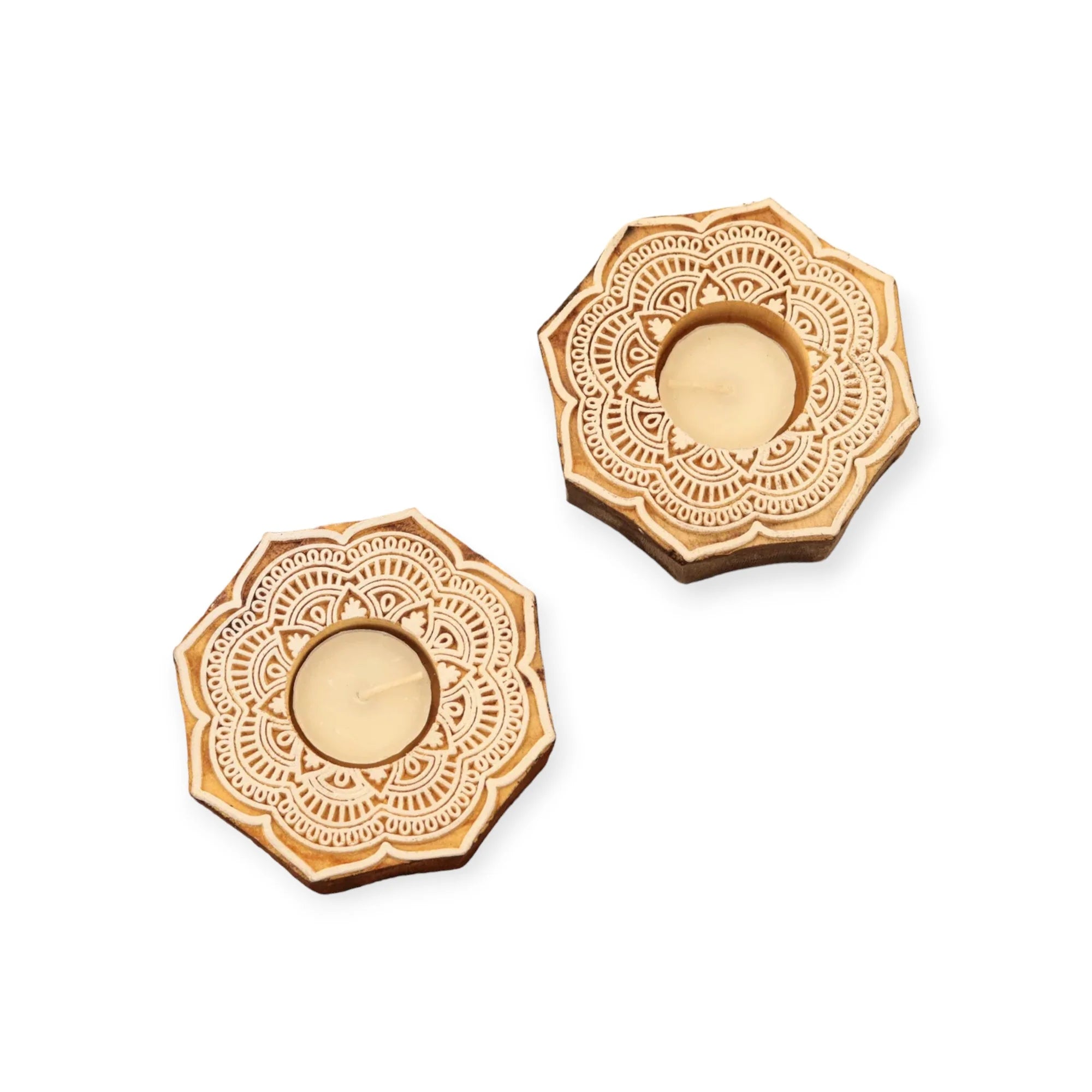 Wooden Tealight Candle Holders With Floral Motif Set of 2 Secondary image