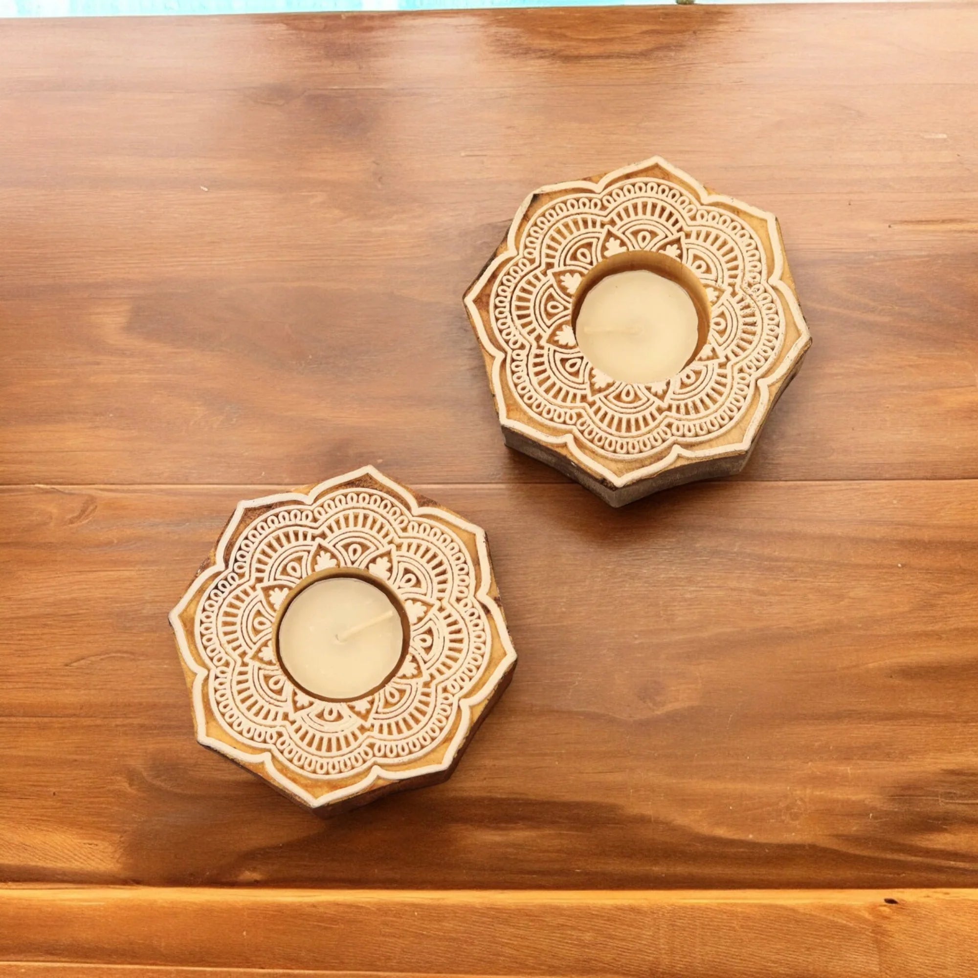 Wooden Tealight Candle Holders With Floral Motif Set of 2 Main image