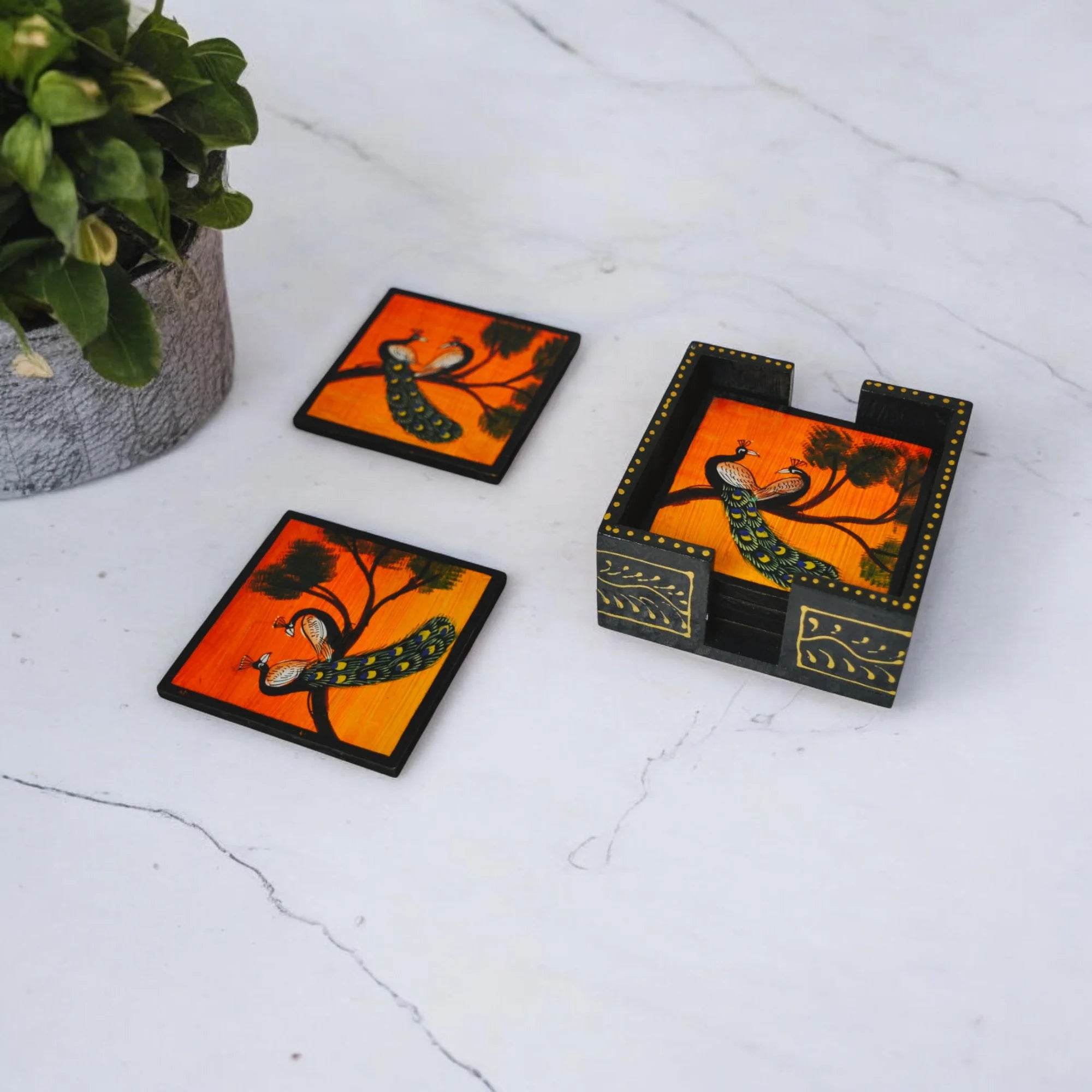 Peacock Hand Painted Tea Coasters Set Of 6 Pcs
