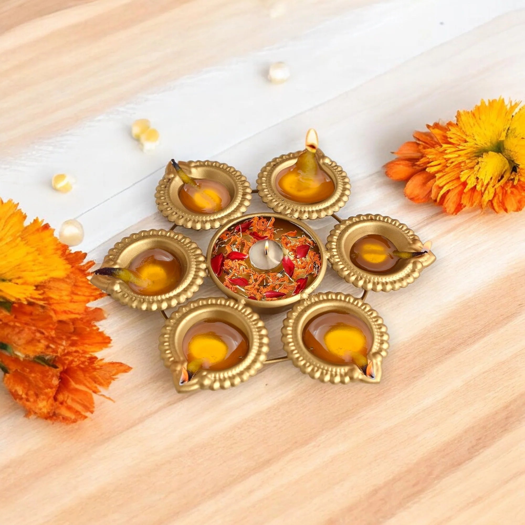 Golden Glossy Metal Flower Decorative Diya Urli Set of 2 Main image