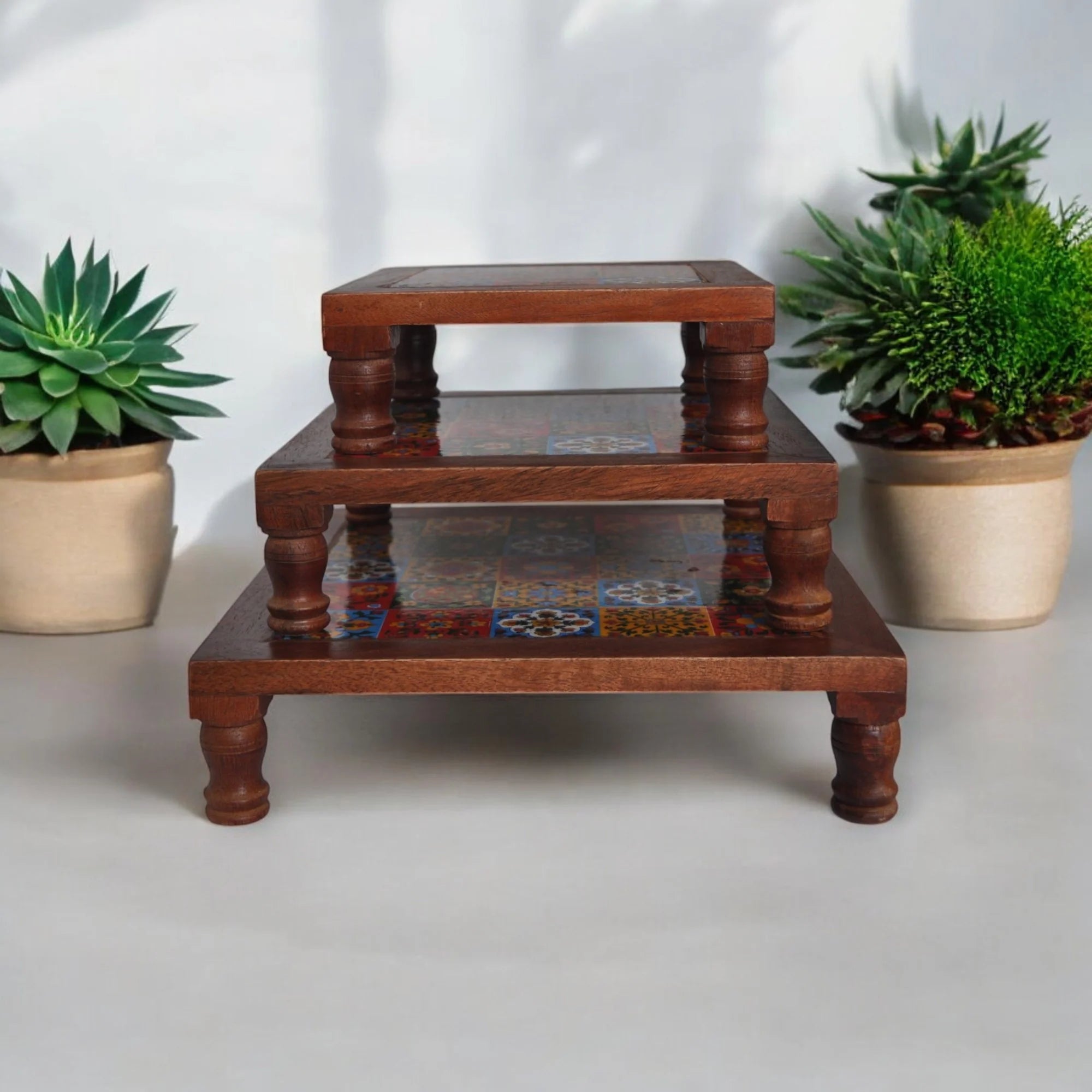 Wooden Chowki Decor With Ceramic Set of 3 Main image