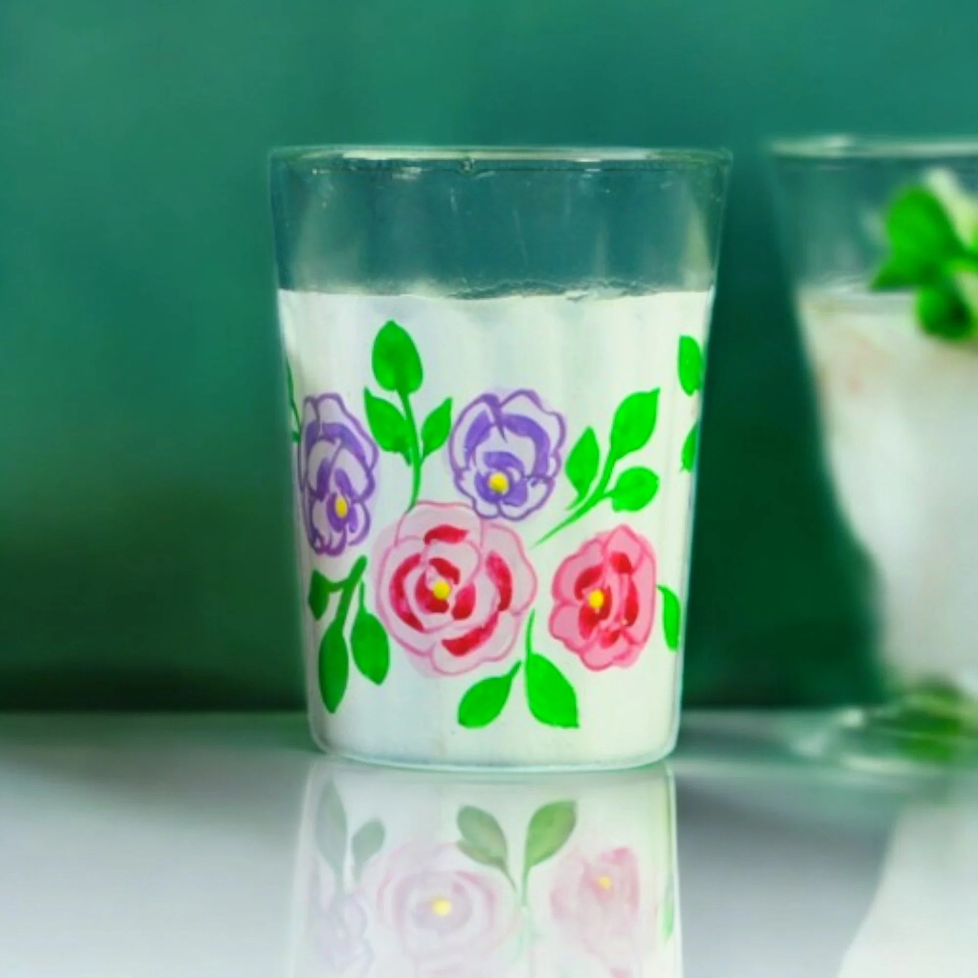 Hand Painted Aluminum Flower Tea Kettle With Wooden Trolley Glass Set