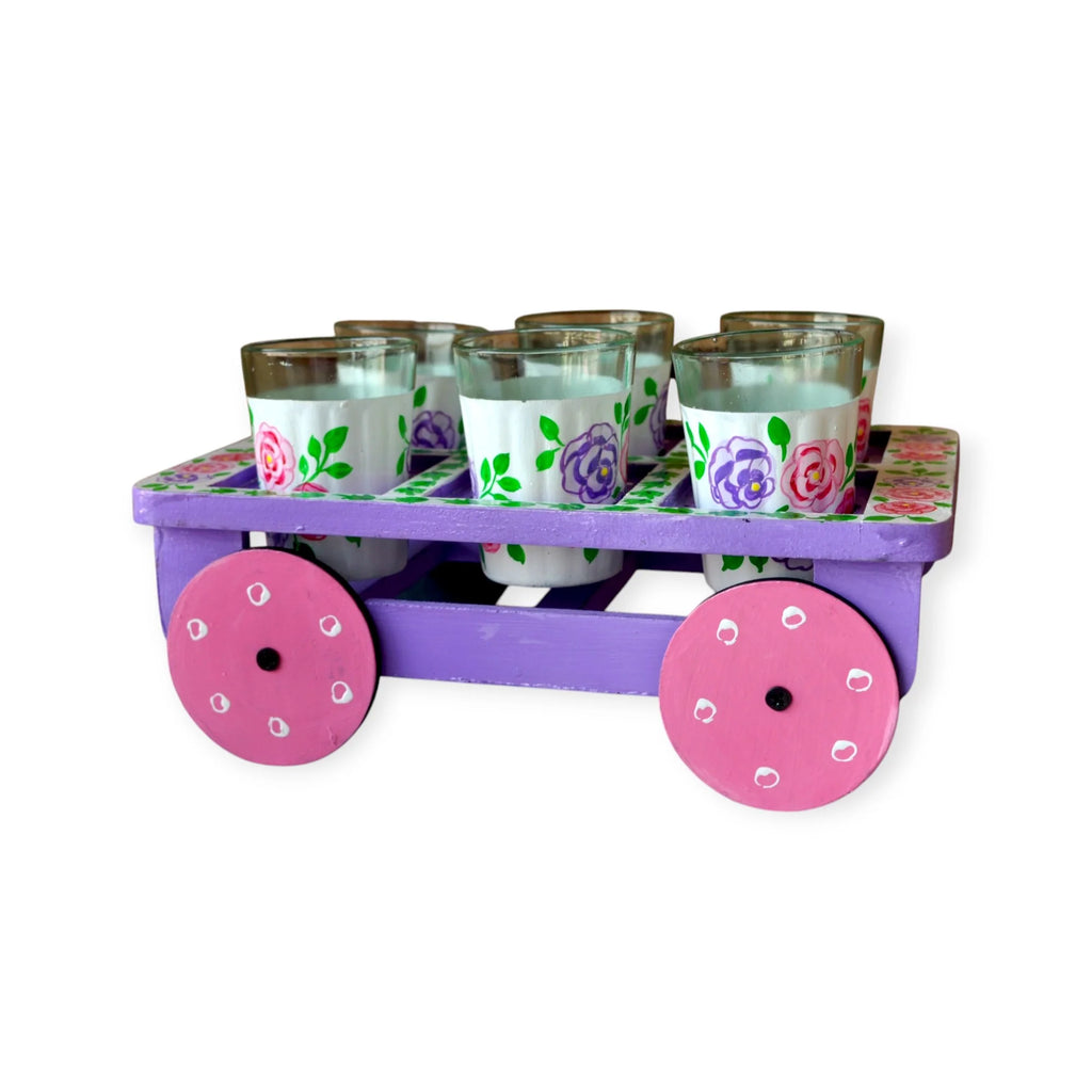 Hand Painted Aluminum Flower Tea Kettle With Wooden Trolley Glass Set